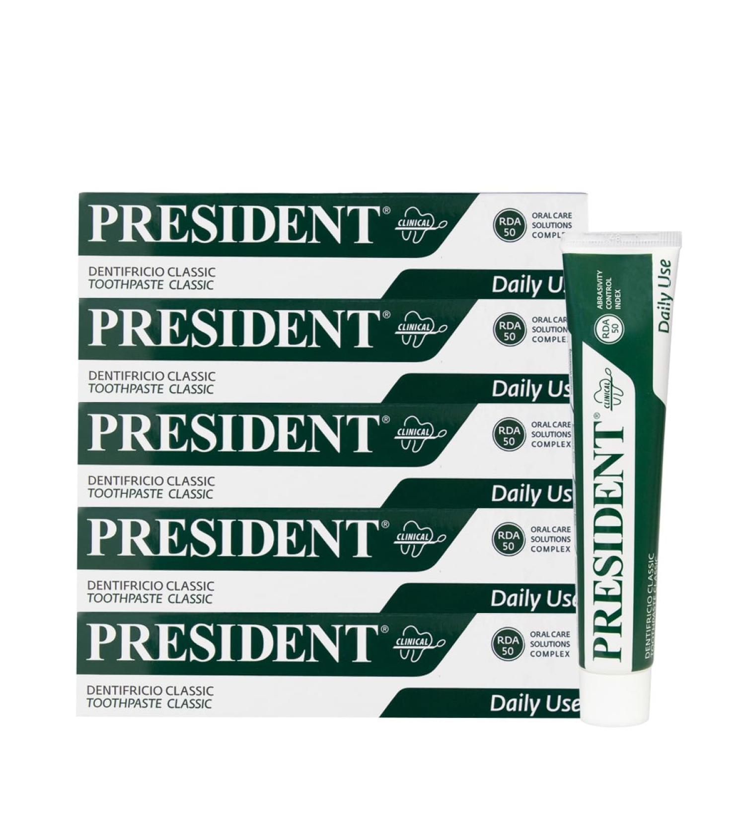  President President 5 x CLASSIC TOOTHPASTE KIT for daily use. Anti-plaque anti-decay remilling and antihalitosis. With vegetable extracts of lemon balm sage chamomile. RDA 50. 5 x 75 ml - Buy Online on GoSupps.com