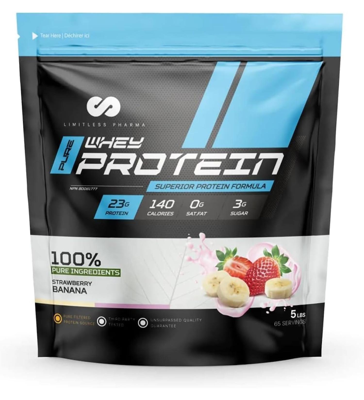 Limitless Pharma Pure Whey Protein | High Protein Whey Concentrate Protein Powder | 23g Protein 6g BCAAs Gluten Free Low Sugar Low Carb Low Lactose | 65 Servings 5LB (Strawberry Banana) Strawberry Banana 5LB - Buy Online on GoSupps.com