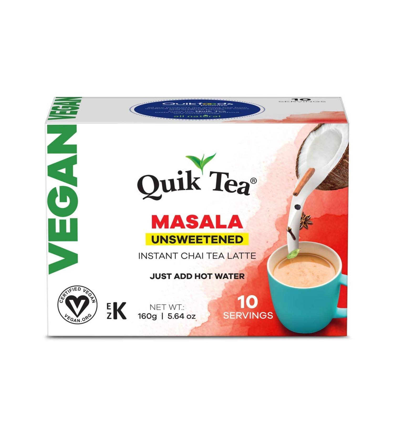 QuikTea Vegan Unsweetened Masala Chai Tea Latte - 10 Count Single Box - All Natural & Preservative Free Authentic Instant Chai Vegan Unsweetened Masala 10 Count (Pack of 1) - Buy Online on GoSupps.com