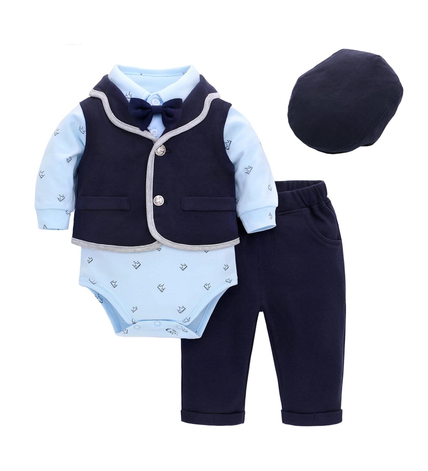Famuka Baby Boy Formal Tuxedo Suit with Bows Waistcoat & Hat - 9 Months (Blue) | 4 PCS Set - Buy Online on GoSupps.com