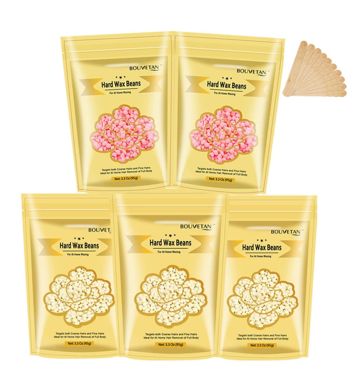 Bouvetan 16.5oz Hard Wax Beans for Painless Hair Removal - Waxing Beads for Face, Eyebrow, Armpit, Legs, Brazilian - Hair Removal Kit with 10 Wax Sticks (3 Cream & 2 Pink) - Buy Online on GoSupps.com
