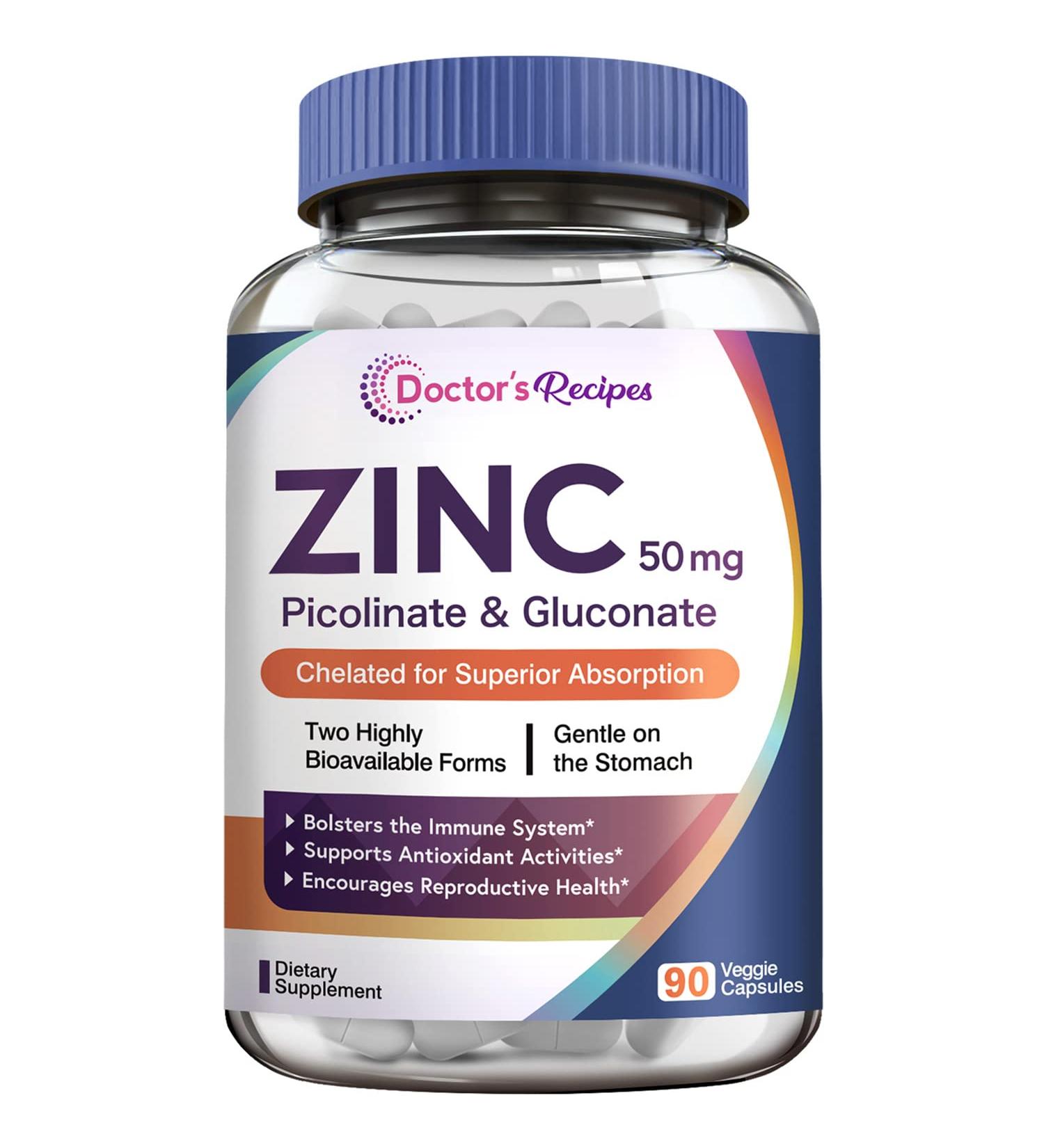 Doctor's Recipes Chelated Zinc 50mg - Immune Support & Antioxidant Health - 90 Veggie Caps - Buy Online on GoSupps.com