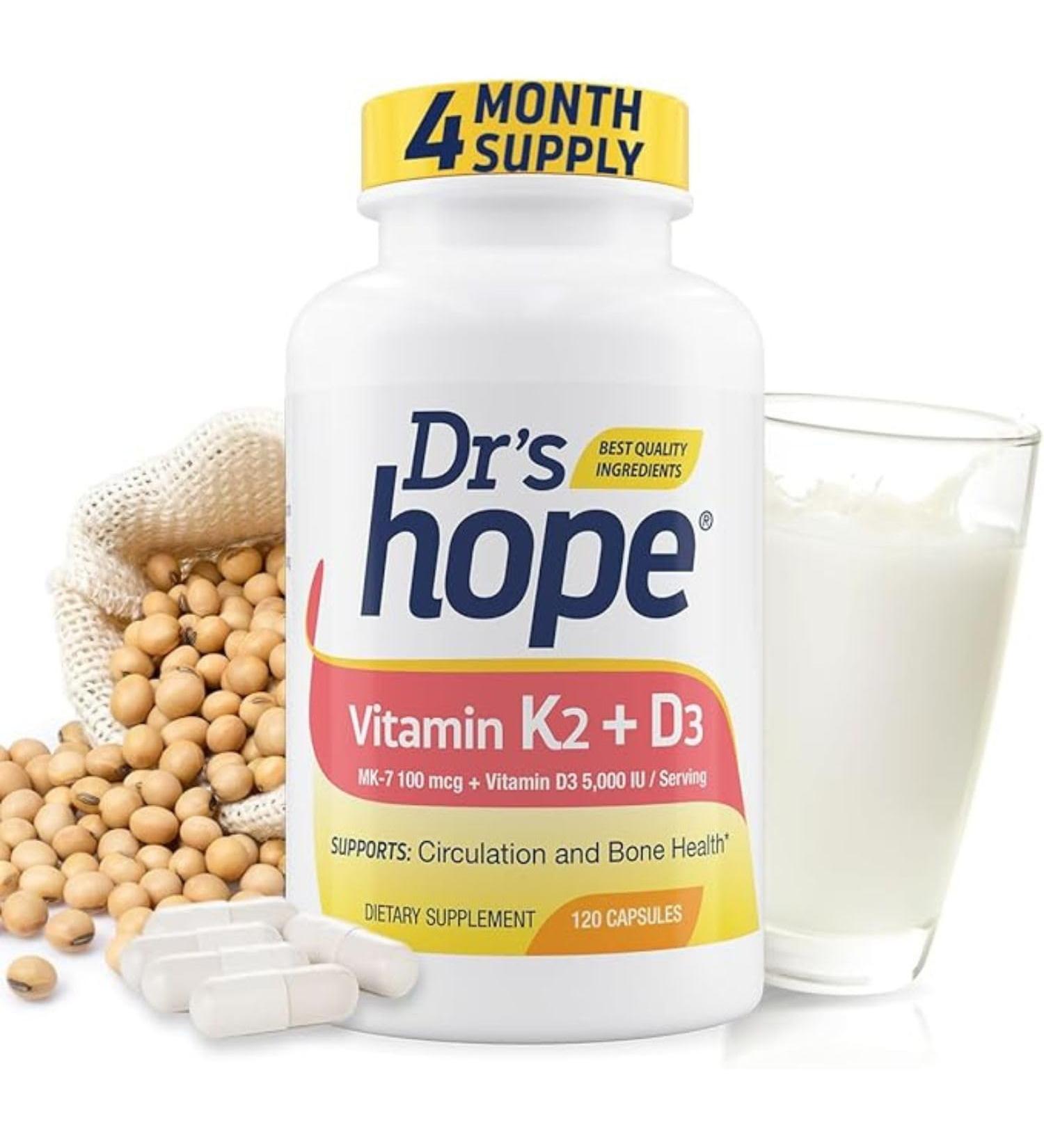 Dr s Hope Vitamin K2 (MK-7) 100 mcg & Vitamin D3 125 mg (5000 IU) Supplement - Advanced Bone & Immune Support Formula - May Help to Promote Calcium Absorption and Circulation - 120 Capsules - Buy Online on GoSupps.com