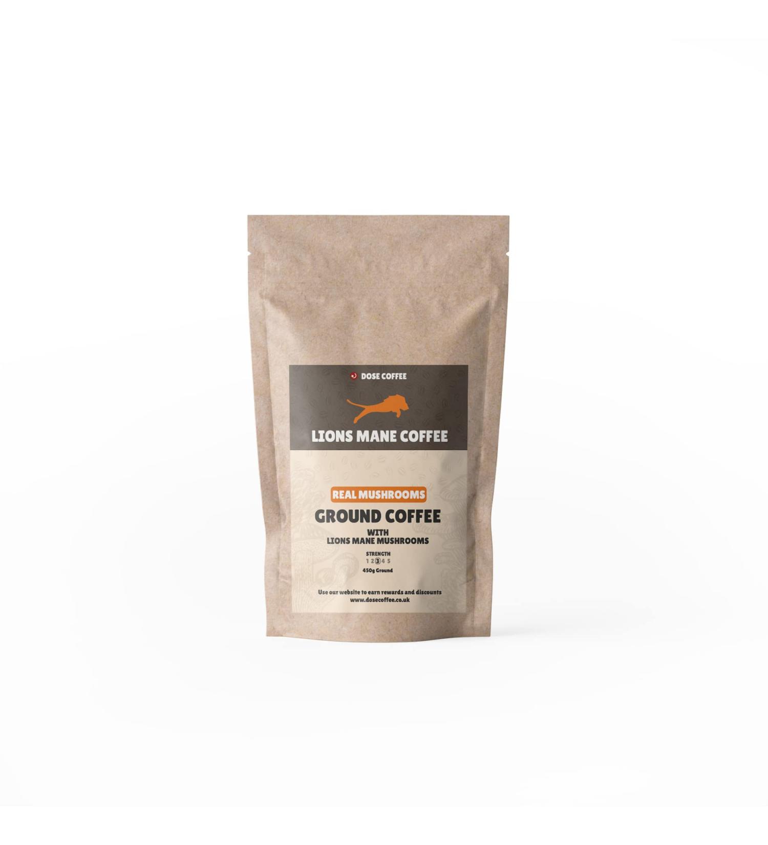 Dose Lions Mane Mushrooms Ground Coffee 450g Large Bag Produced and Packed int the UK High Extract Ratio of 25% Lions Mane Coffee 450g - Buy Online on GoSupps.com