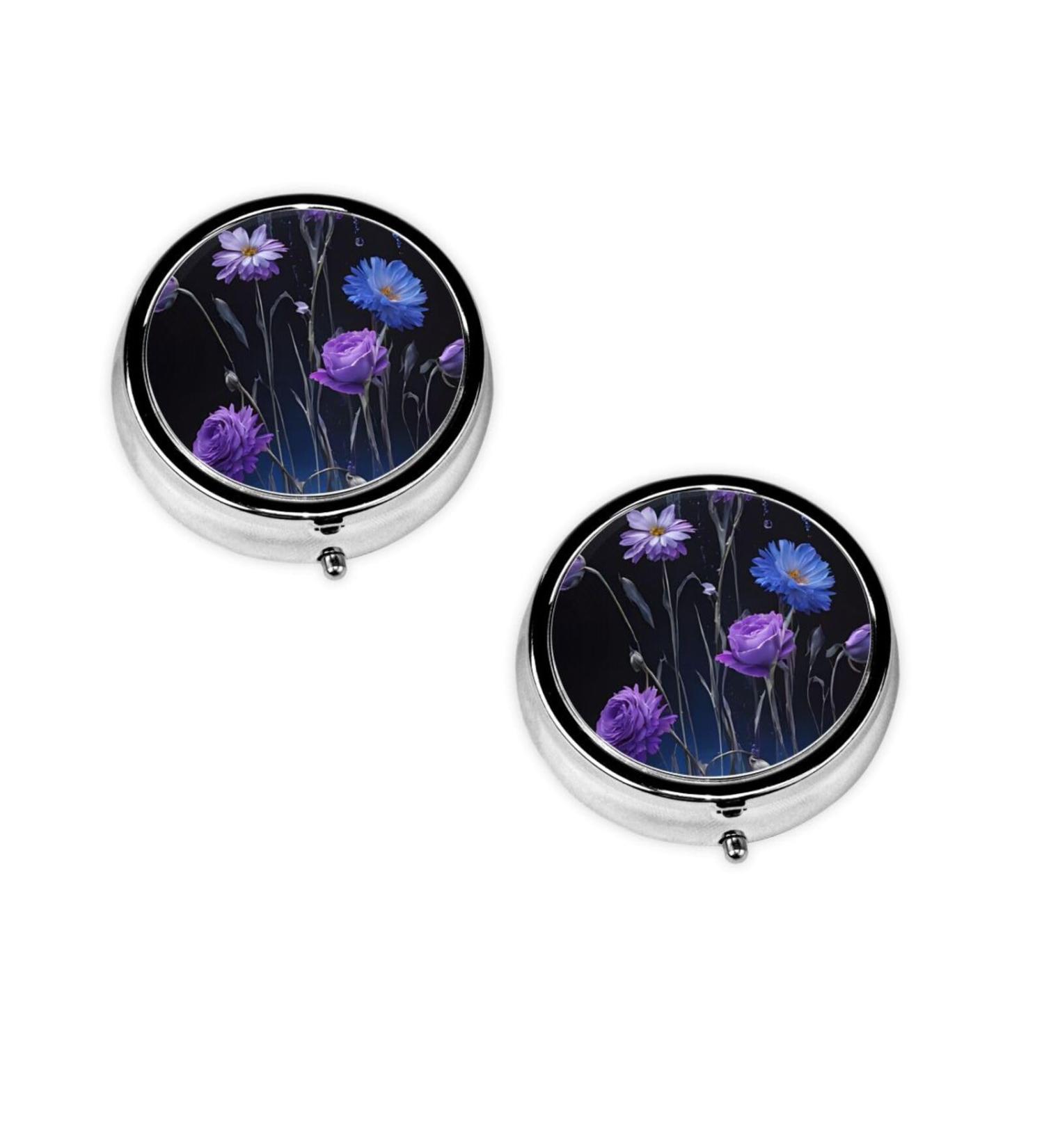 Purple Flower Round Pill Box - 3 Compartment Mini Portable Travel Medicine Organizer for Vitamins & Tablets - Buy Online on GoSupps.com