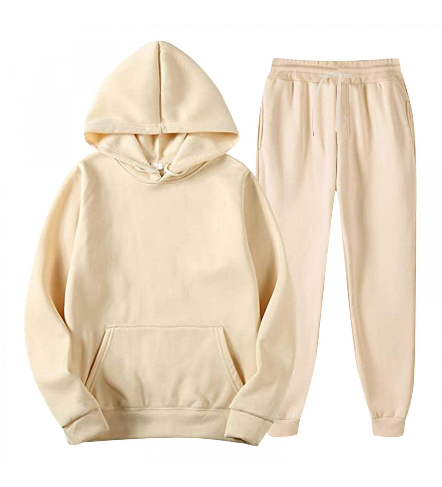 Fleece Sweatsuit for Men - Winter Workout Set Hoodie Joggers Tracksuit Beige - Large - Buy Online on GoSupps.com