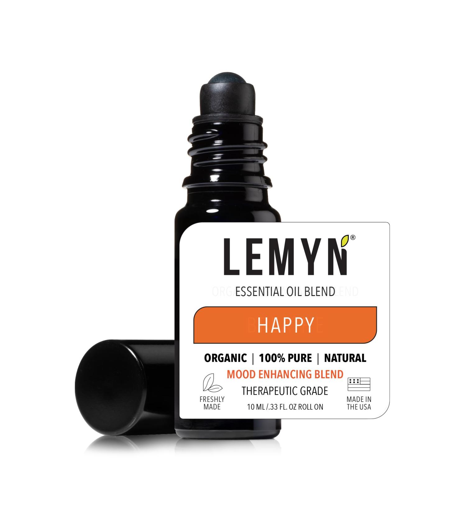 Lemyn Organics Happy Essential Oil Blend Roll-On | Organic 100% Pure | Freshly Handcrafted Citronella Grapefruit Mandarin & Sweet Orange for Uplifting Mood & Energy | Safe for Adults & Kids