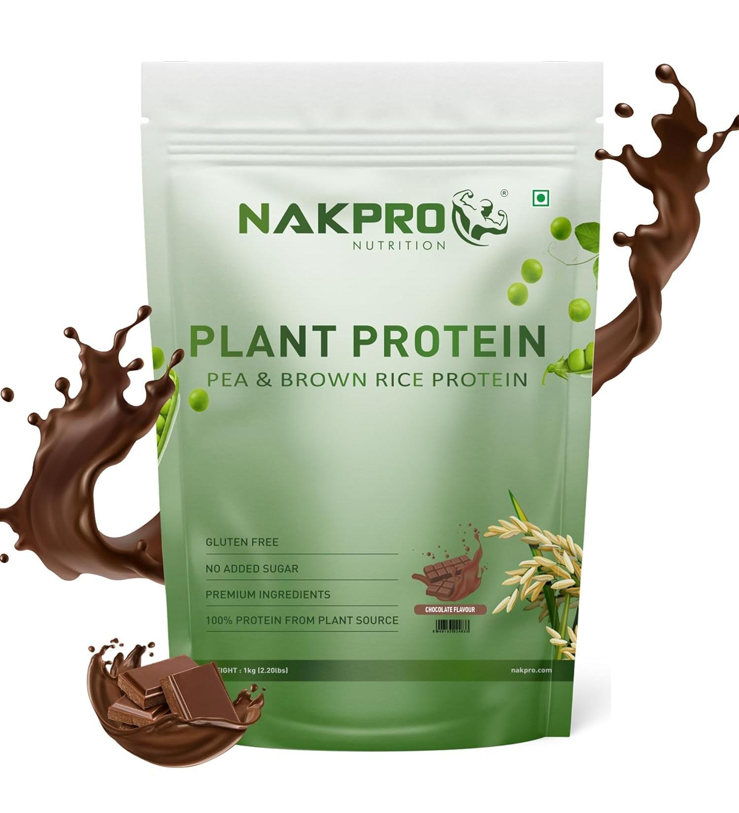 NAK'PRO Vegan Plant Protein Powder| 25.21g Protein 4.85g BCAA | Pea Protein and Brown Rice Protein Powder for Muscle Gain and Recovery | Plant based Protein for Men & Women (Chocolate 1Kg) - Buy Online on GoSupps.com