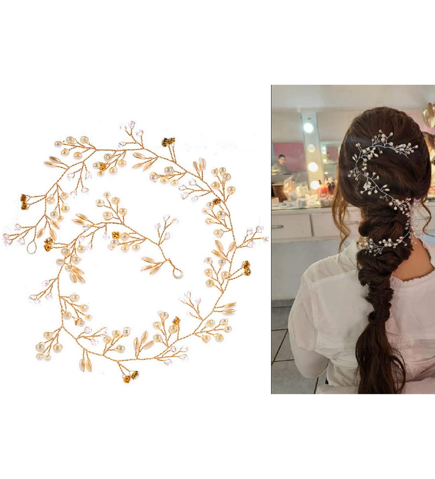 TQsuen Bride Wedding Crystal Hair Vine - 20 Pearl & Crystal Bridal Headband in Gold - Buy Online on GoSupps.com