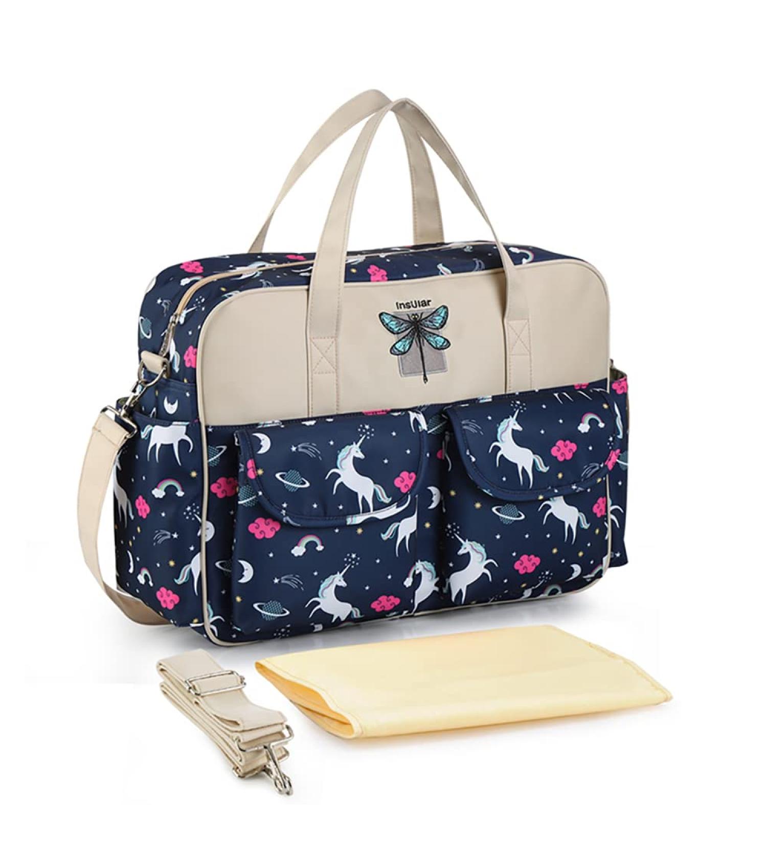 Kamay's Multifunctional Waterproof Mummy Shoulder Diaper Bag Chic Nappy Changing Bag Tote/Messenger Style Large Lightweight High-density Glossy Nylon Fabric with Changing Mat (Dark Blue Unicorn Navy) - Buy Online on GoSupps.com