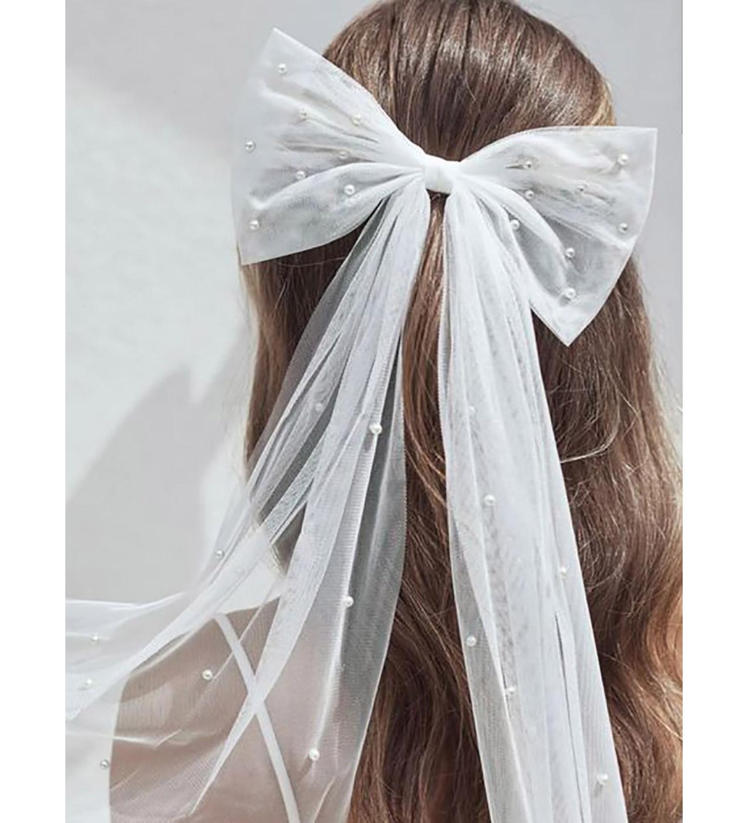 Vakkery Bride Pearl Bow Hair Clip Long Tulle Hair Bow Veil Wedding Bachelorette Party Decoration Bridal Shower Headpiece Hair Accessories for Women and Girls - Buy Online on GoSupps.com