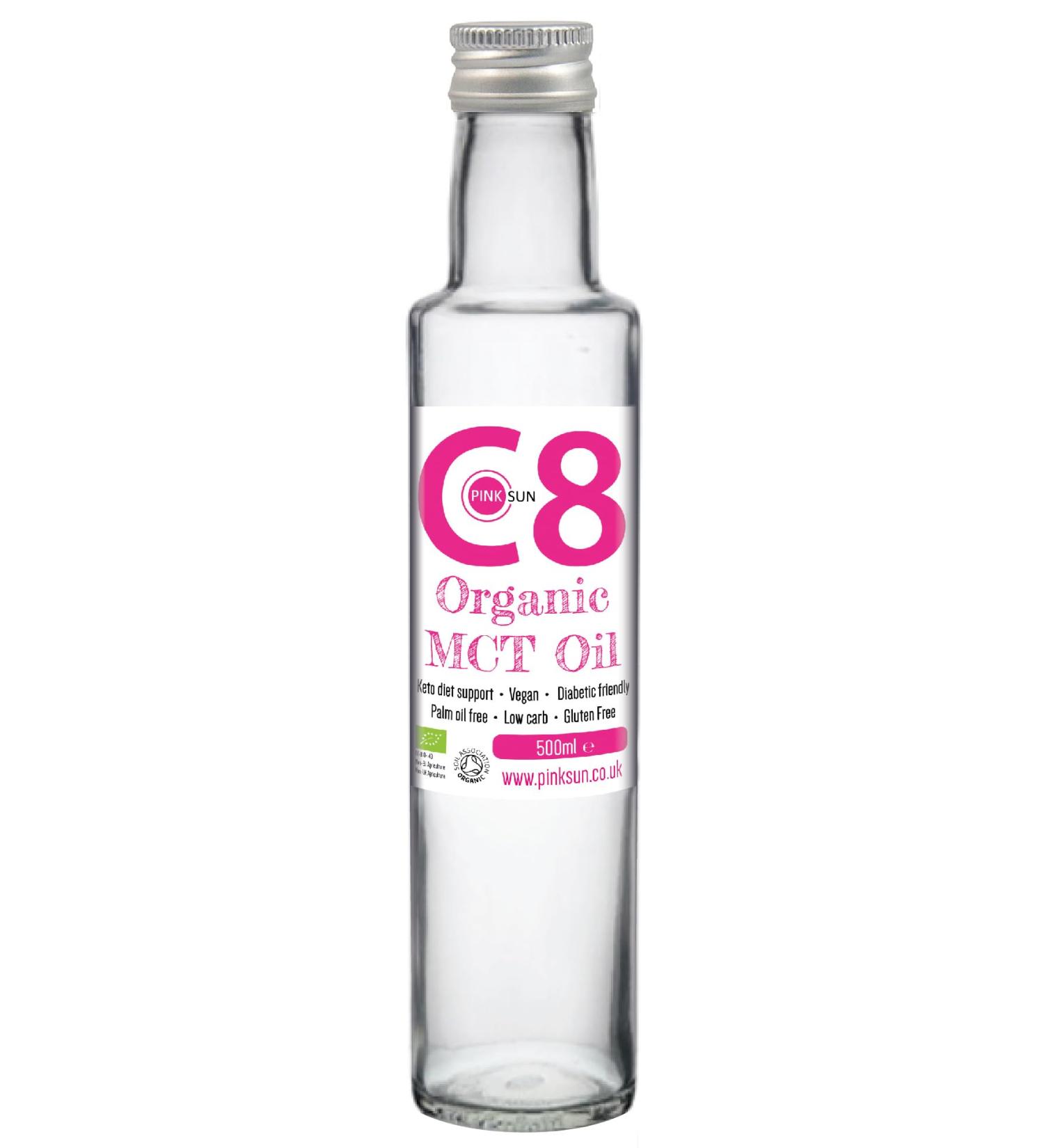 PINK SUN Organic MCT Oil 500ml Pure C8 Glass Bottle - Keto Diet Support - Liquid Coconut Oil, Gluten Free, Vegan - No Preservatives - Buy Online on GoSupps.com