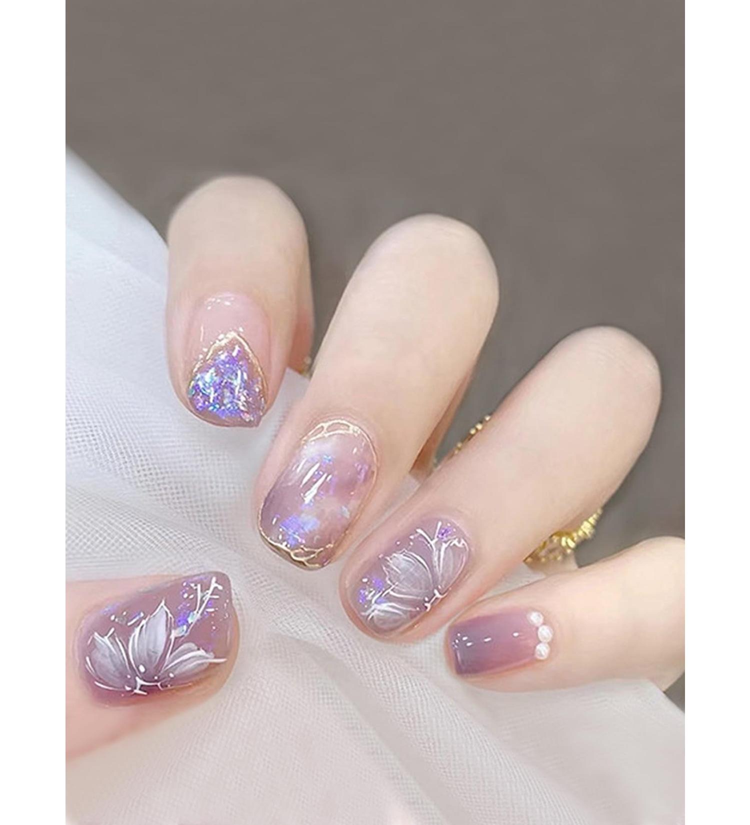 24pcs Purple Pearl Floral Coffin Fake Nail Pearl Floral 3D Press on Nails Purple Floral Nails Luxurious Nails Acrylic Nails Fake Nails For Women Girls - Buy Online on GoSupps.com