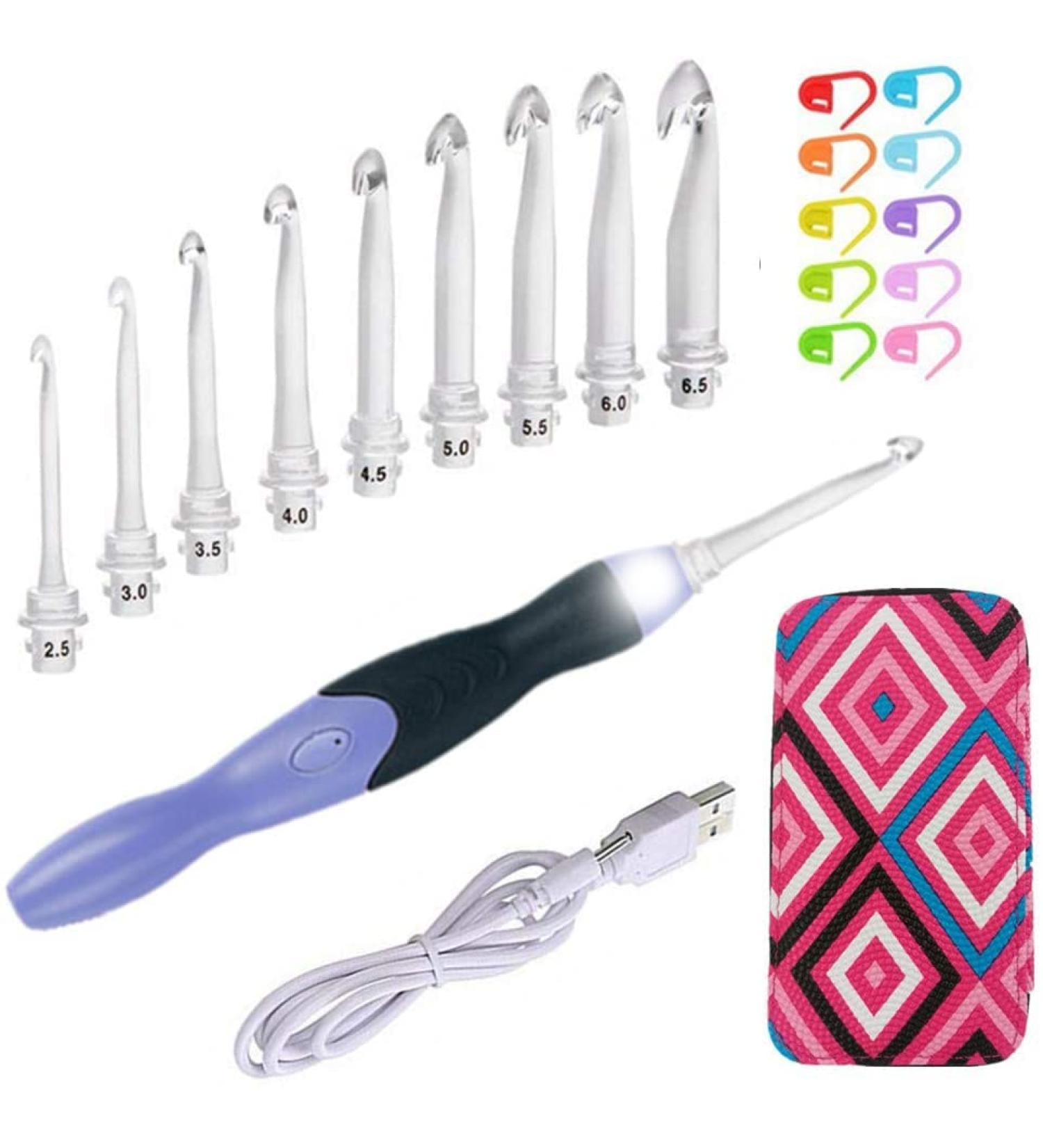 Rechargeable Lighted Crochet Hooks Set | 9 Interchangeable Heads with Accessories - Blue Case | LED Crochet Hook Kit - Buy Online on GoSupps.com