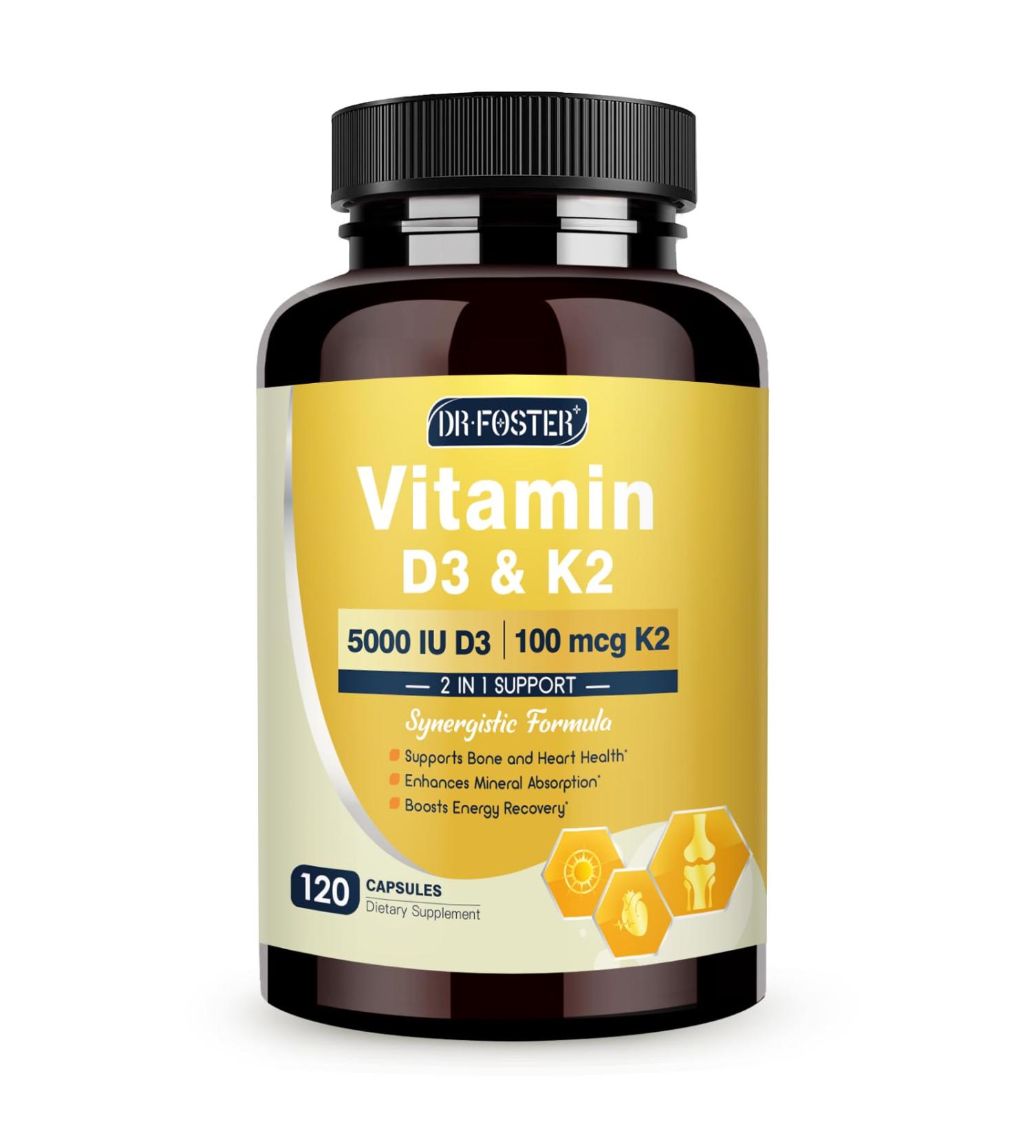 DRFOSTER Vitamin D3 K2 High-Potency 125mcg D3 (5000IU) & 100mcg K2 (MK7) Bone Strength Heart & Immune Support Enhanced with Zinc Boron & MCT 120 Vegan Capsules Non-GMO Gluten-Free 120 Count (Pack of 1) - Buy Online on GoSupps.com