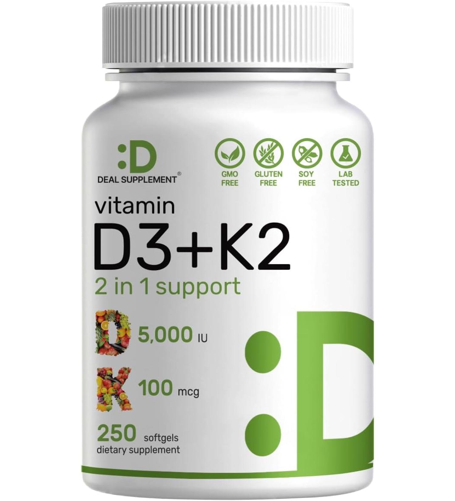 Vitamin D3 K2 Softgel 5000 IU - 250 Count 2-1 Complex for Heart, Bone, Teeth Health - Easy to Swallow - Buy Online on GoSupps.com