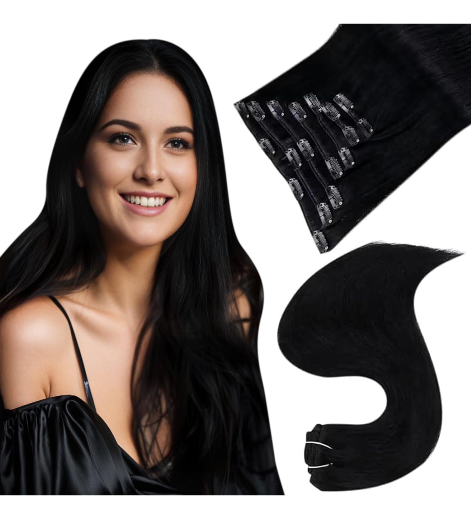 Easyouth Black Clip-In Extensions | Real Remy Hair | 16 Inch #1 Pitch Black | 120g | 7 Pieces - Buy Online on GoSupps.com