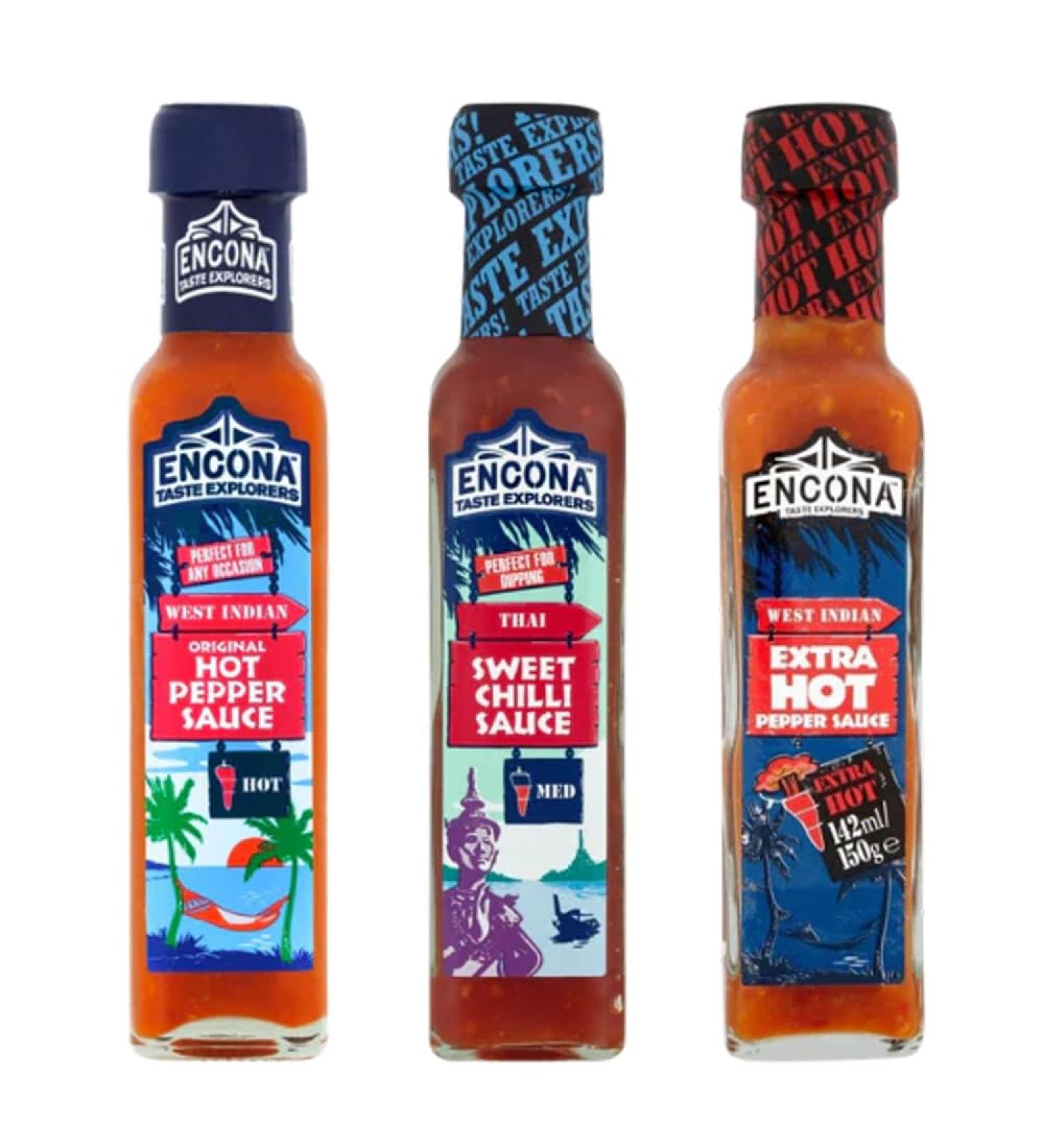 Encona Sauce Variety Pack - Extra Hot Pepper Thai Sweet Chilli Hot Pepper Sauce 142Ml Each - Authentic Flavors for Cooking & Dipping (3 mixed Bottles) - Buy Online on GoSupps.com