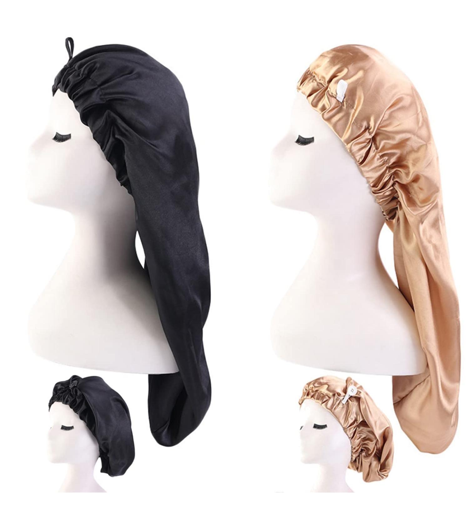 Shop Ladaypoa 2 Piece Long Satin Hair Hood - Silky Sleeping Hat for Curly Hair Protection | Extra Big Satin Sleeping Cap for Women - Black & Khaki - Buy Online on GoSupps.com
