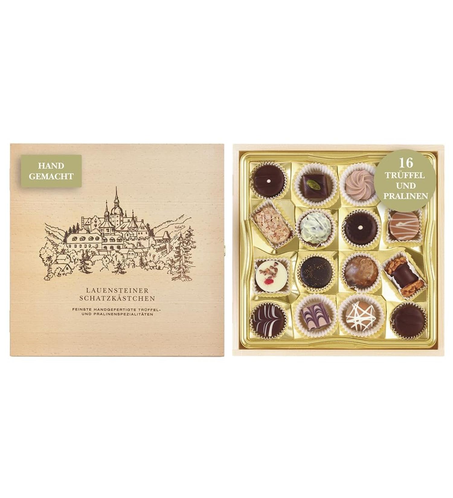  Lauenstein Confiserie Lauensteiner Treasure Box - 200 g of finest truffles and chocolates assorted 16 times with or without alcohol in an elegant wooden gift box - for birthday or just because - Buy Online on GoSupps.com