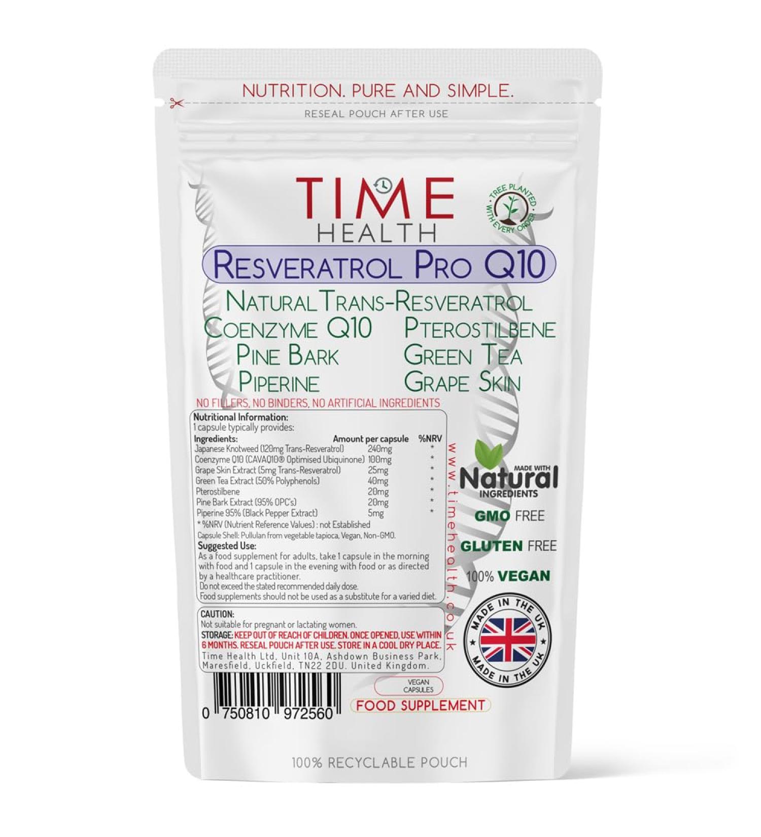 Resveratrol Pro Q10 - Trans-Resveratrol Coenzyme Q10 Pterostilbene Pine Bark Green Tea Grape Skin Piperine - Split Dose for Maximum Benefits - UK Manufactured - Zero Additives - 60 Capsules 60 Count (Pack of 1)