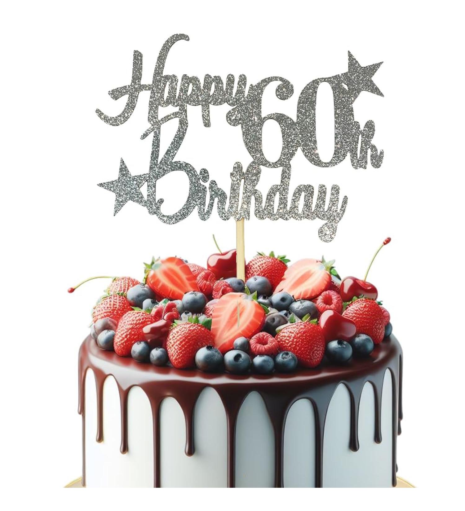 Glittered Elegance Happy 60th Birthday Glittered Cake Topper - Party Supplies Decorations Decor (60th Birthday Silver) Silver 60th Birthday - Buy Online on GoSupps.com