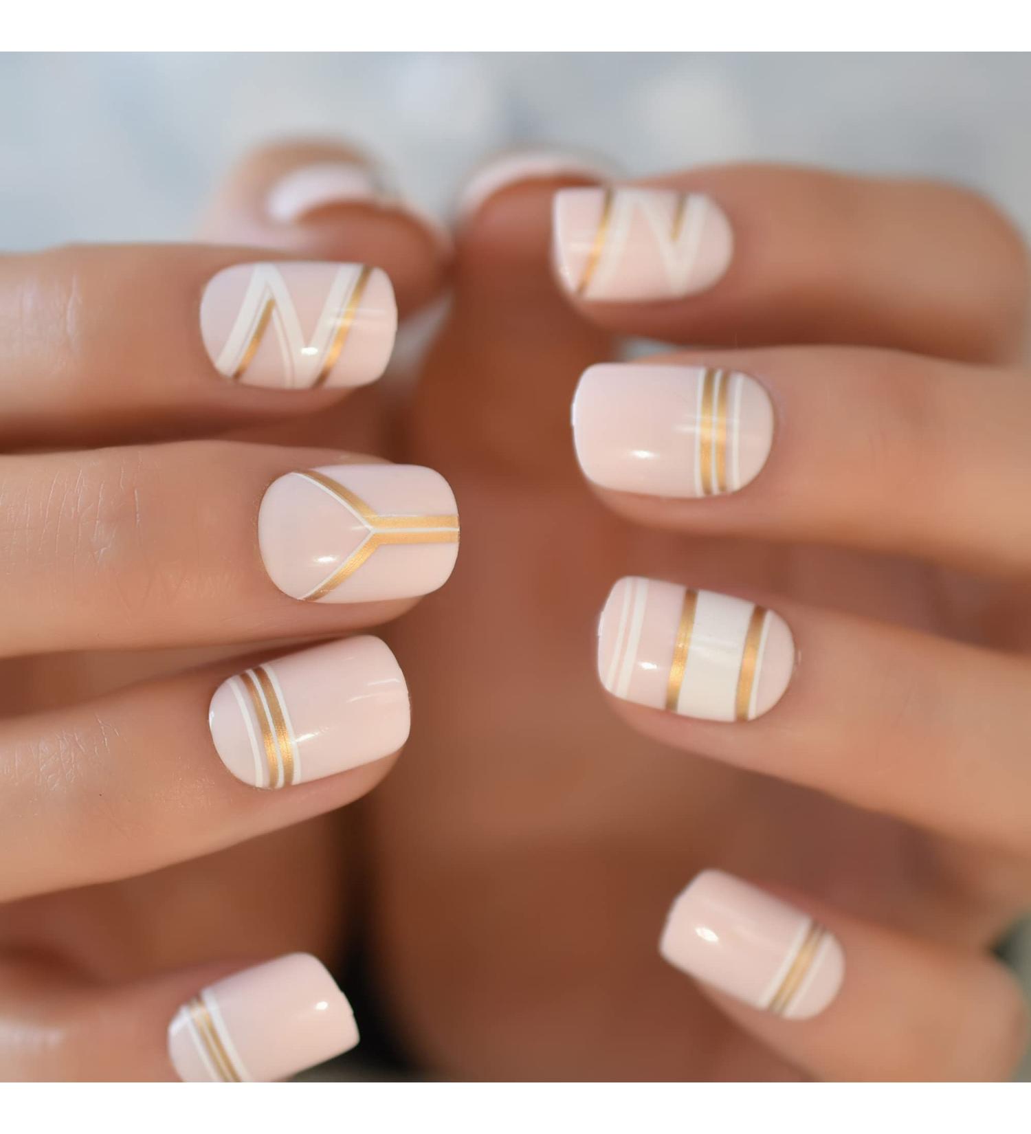 Nude Gold Line Medium Square Glossy False Nails - 24pcs | International Shipping Available - Buy Online on GoSupps.com