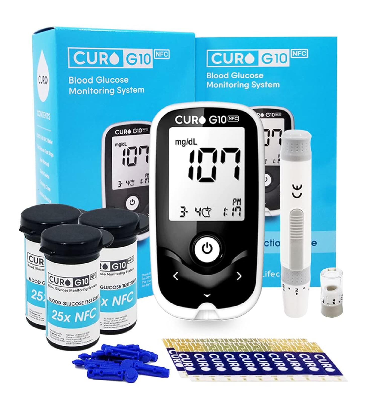 CURO G10 Glucose Home Test Kit with NFC Connectivity, Blood Sugar Monitor Device, 60 Test Strips - CUROfit App Compatible - Complete Testing Solution - Buy Online on GoSupps.com