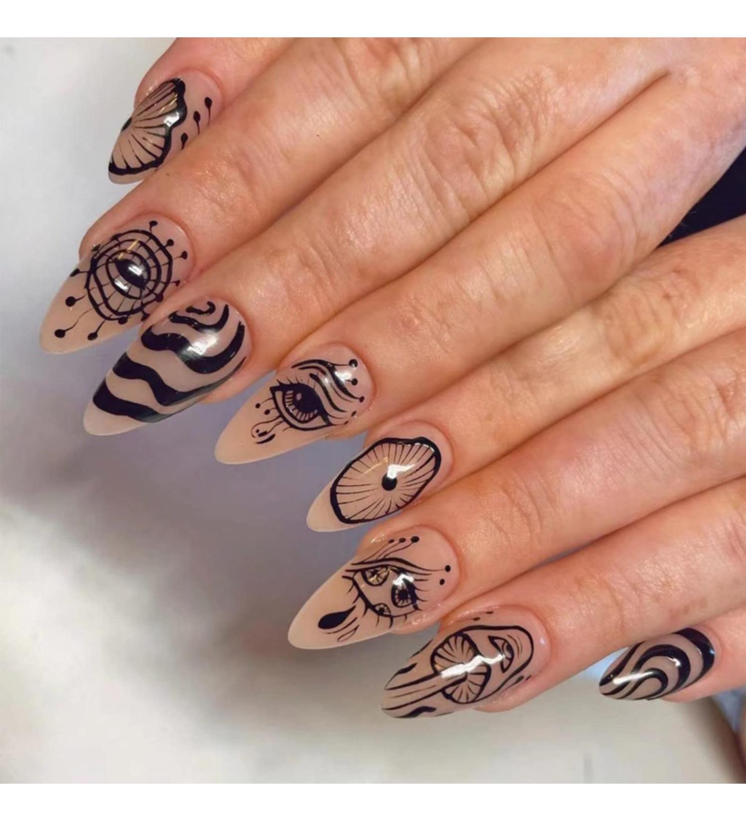 Justotry 24-Piece Swirl Almond Nails - Animal Patterns Black French Press On Nails Oval Artificial Fake Fingernails for Women - Buy Online on GoSupps.com