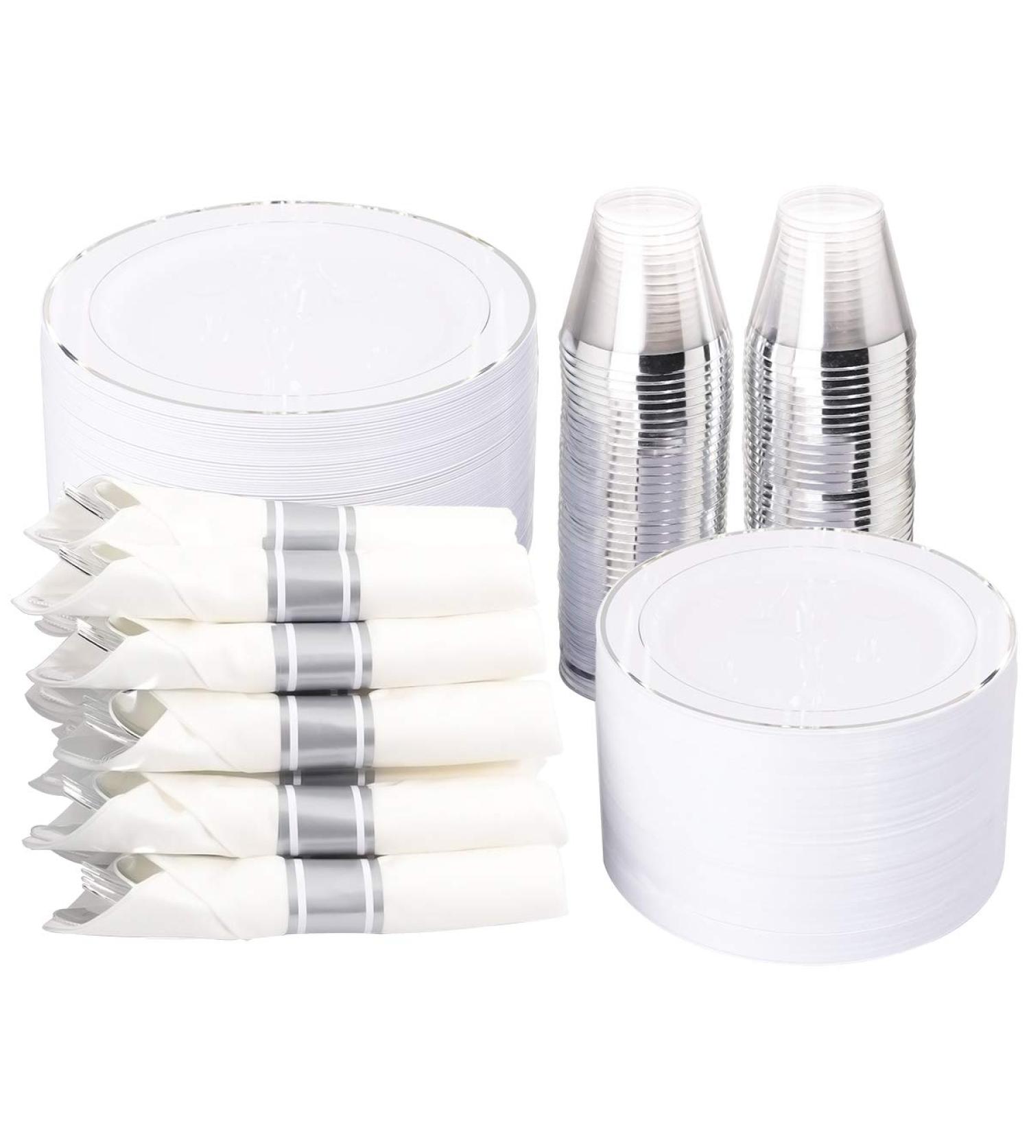 350Pcs Silver Plastic Plates with Silverware, Cups & Napkins - Elegant Disposable Dinnerware Set - Buy Online on GoSupps.com