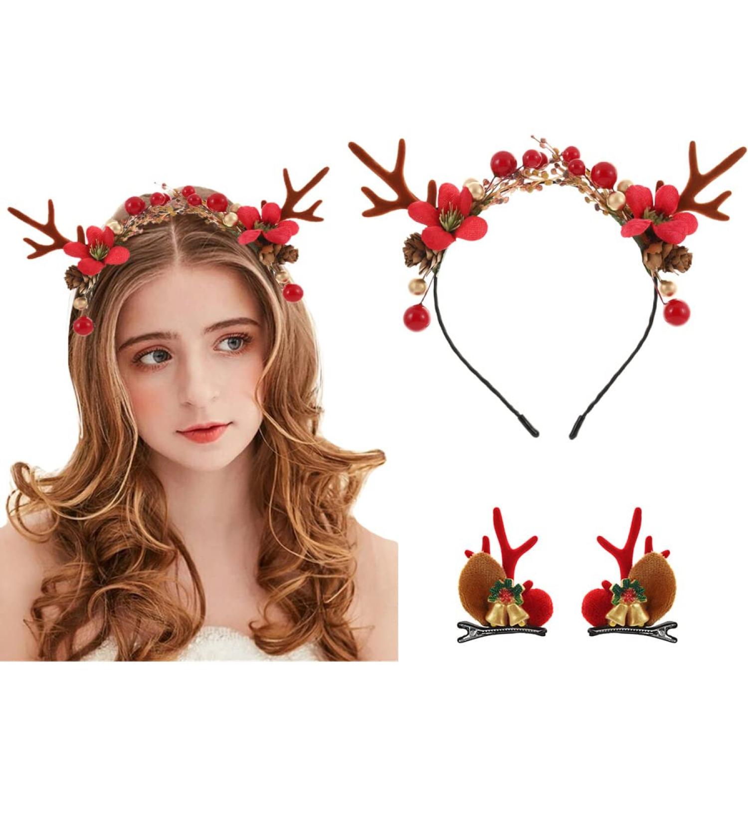 IYOU Christmas Headband with Hair Clips Red Reindeer Antlers Hair Band Red Berry Pine Cone Xmas Headwear Hair Accessories for Adult Kids - Buy Online on GoSupps.com