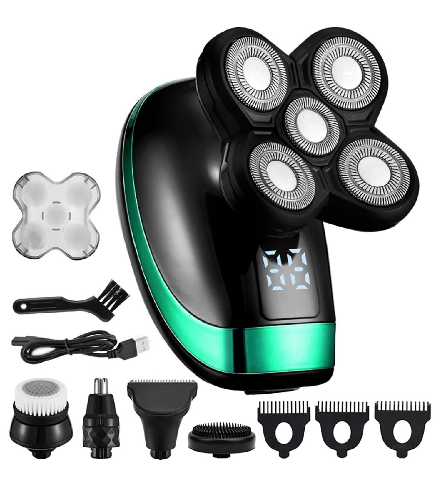 5-in-1 Head Shavers for Bald Men | Rechargeable Electric Shaver with Beard Nose Ear Trimmer & Facial Brush - Green - Buy Online on GoSupps.com