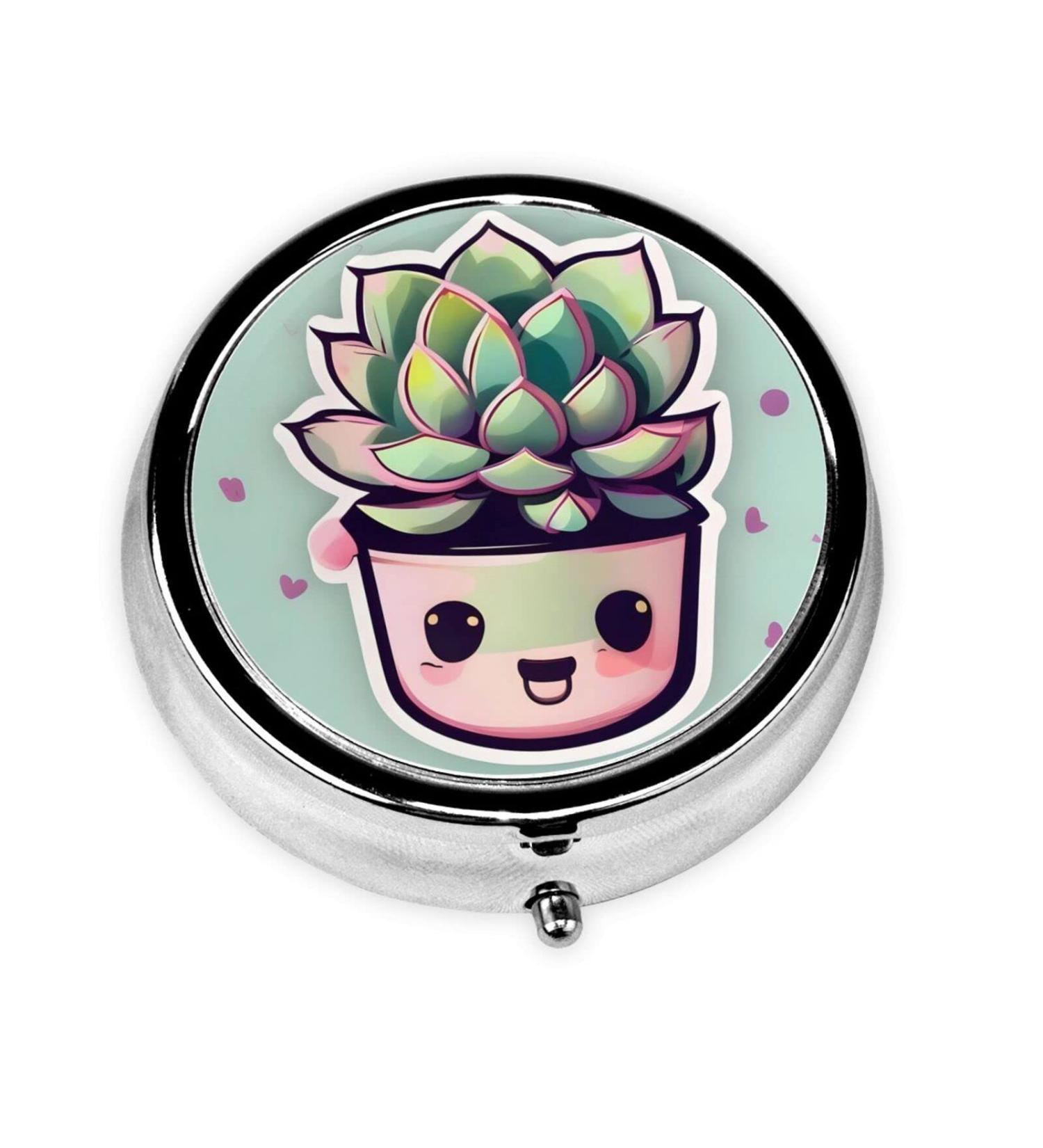 Smiling Succulents Round Pill Box - 3 Compartment Travel Organizer for Easy Medication Storage - Buy Online on GoSupps.com