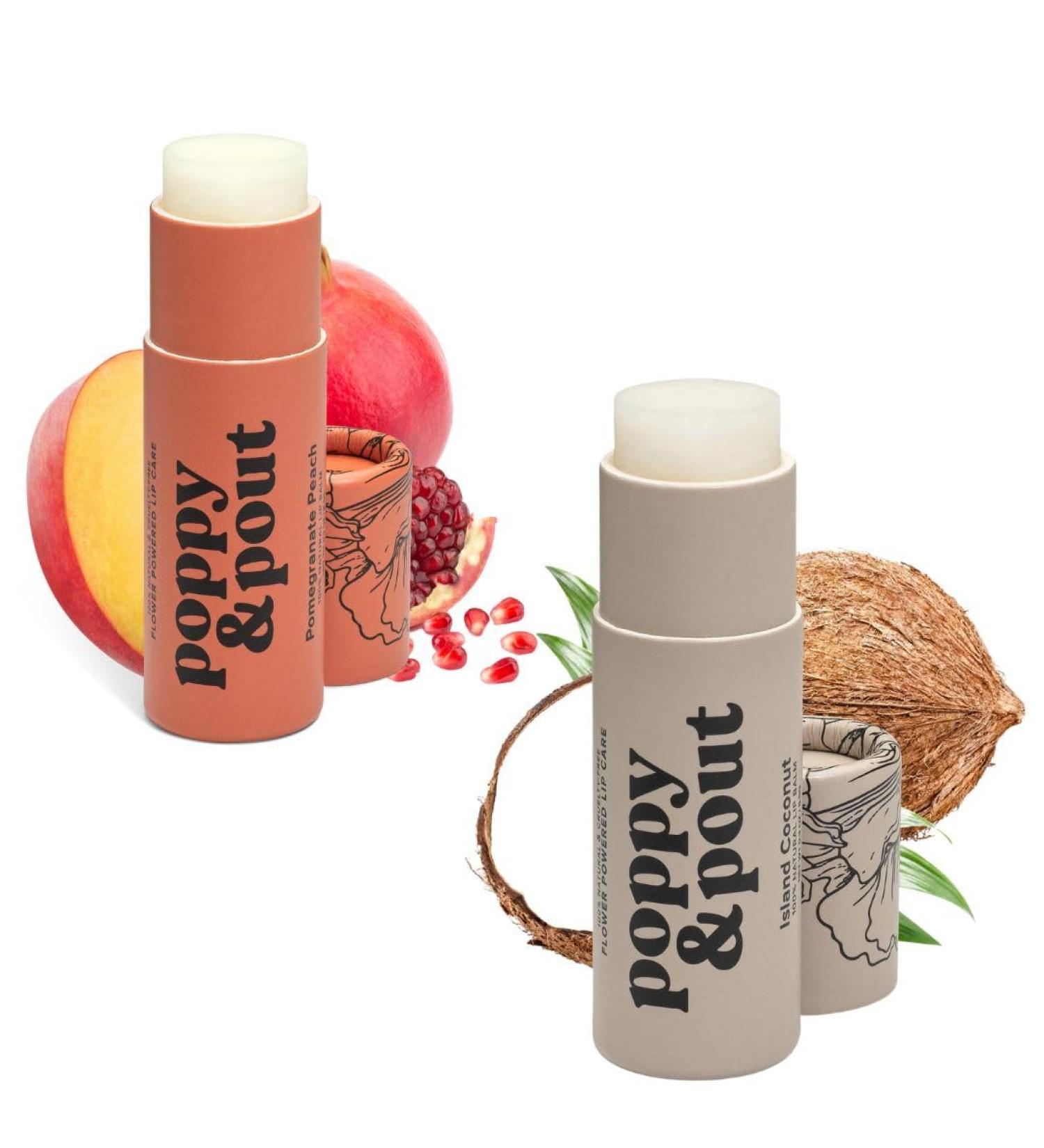 Poppy & Pout Jumbo Lip Balm 2 Pack All Natural Lip Balms & Moisturizers Hydrates with Beeswax Vitamin E Organic Coconut Island Coconut & Pomegranate Peach - Buy Online on GoSupps.com
