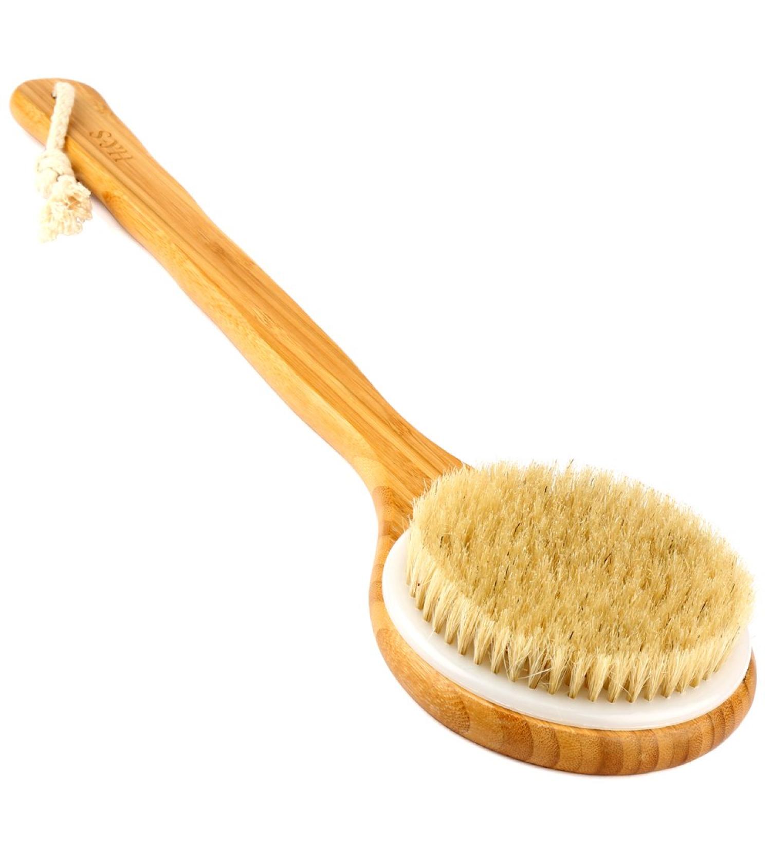 H&S Long Handled Back Brush with Natural Bristles for Skin Exfoliation - Bamboo Wood Scrubber for Shower - Men & Women - Buy Online on GoSupps.com