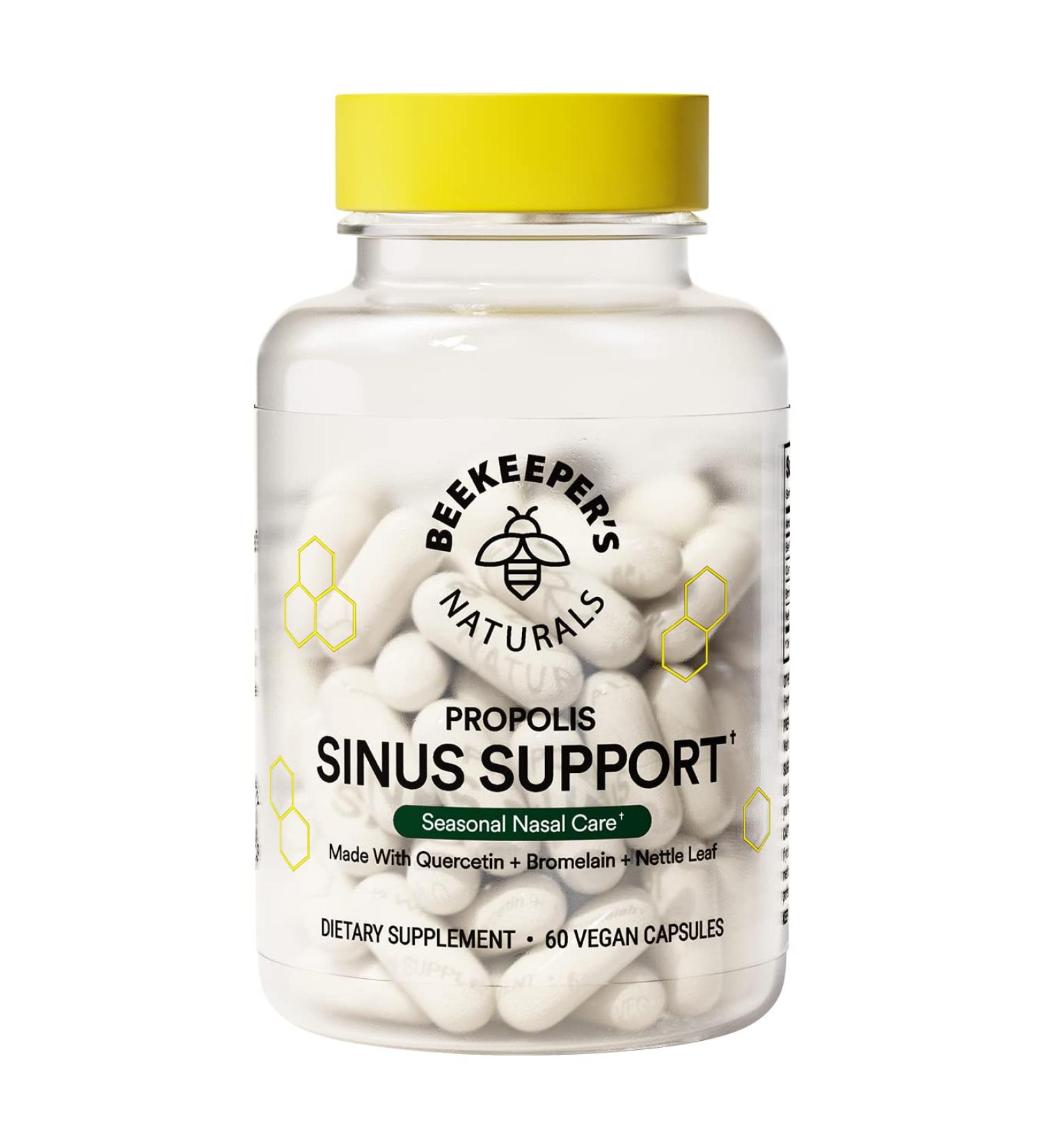 Beekeeper's Naturals Sinus Support for Adults - All Natural Seasonal Relief with Propolis, Quercetin, Bromelain & Nettle Leaf - 60 ct Vegan Capsules - Buy Online on GoSupps.com