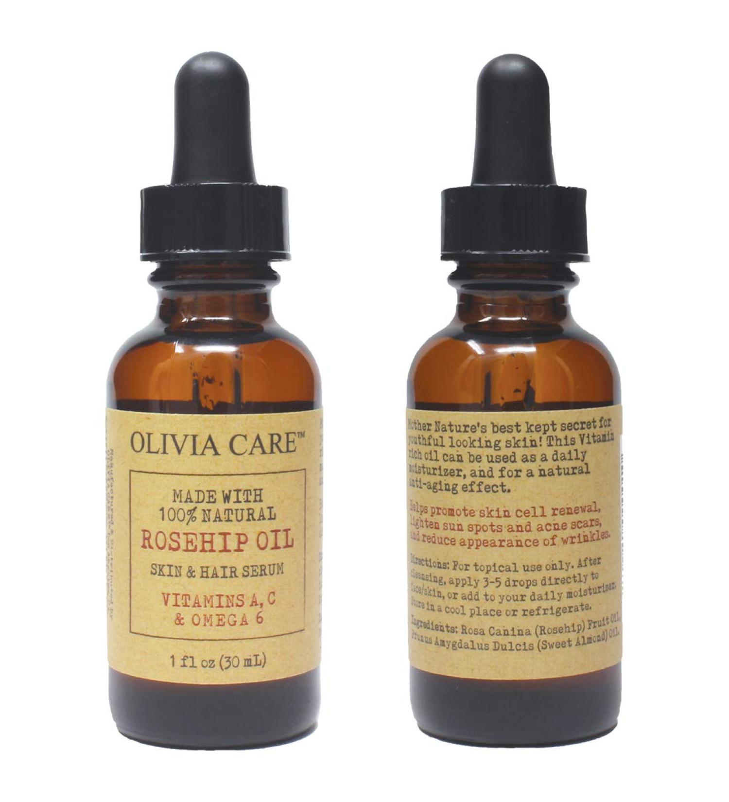 Olivia Care Rosehip Seed Oil Serum - Natural Moisturizer for Face & Body | Anti-Aging Treats Wrinkles Acne Scars Dark Circles - Vitamins E C A & Omega 6 - 1 OZ - Buy Online on GoSupps.com