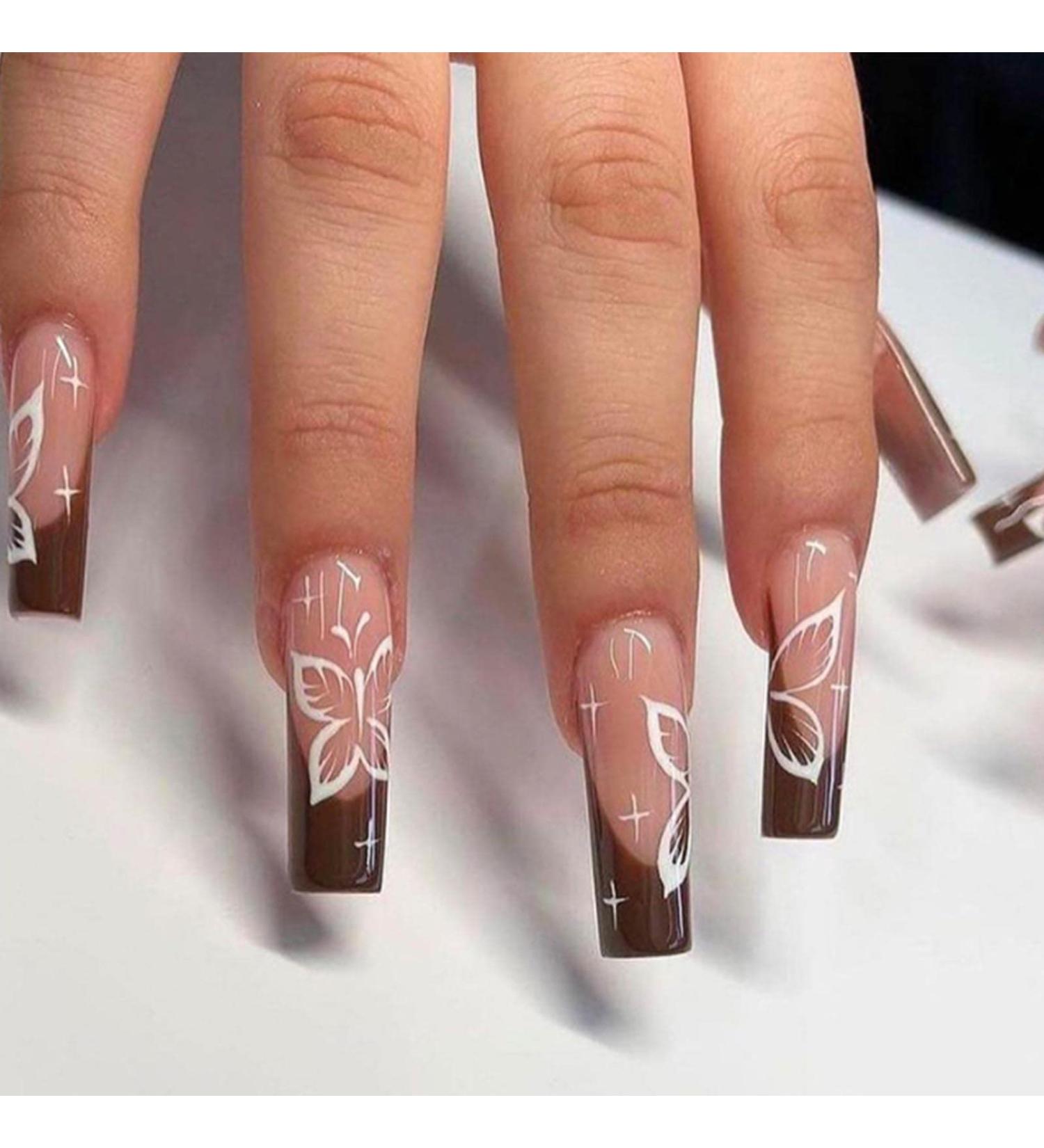 YoYoee Brown French Press on Nails - Long Coffin Butterfly False Nails for Women - 24PCS - Buy Online on GoSupps.com