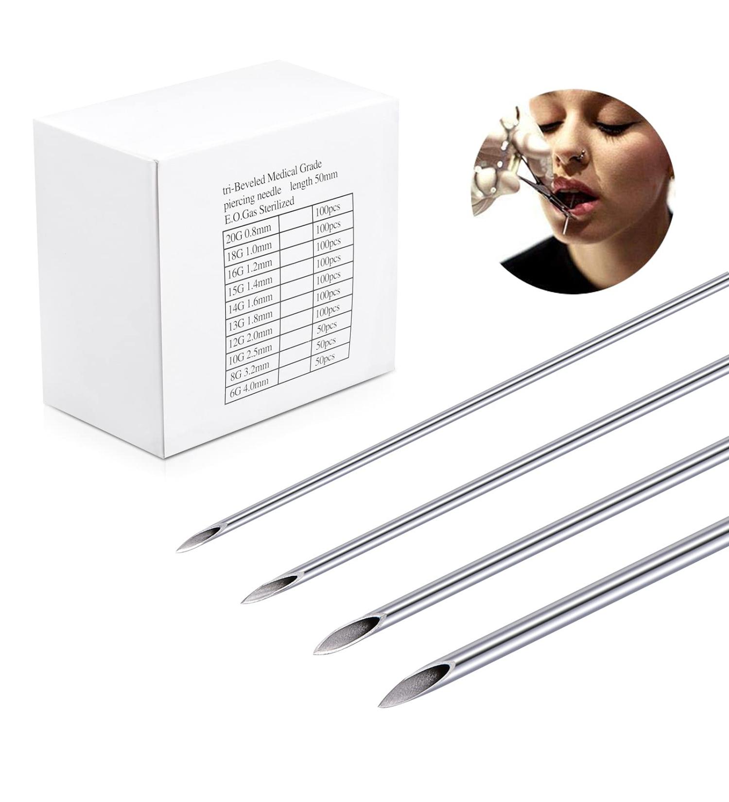 JIESIBAO 100PCS Mixed Stainless Steel Body Piercing Needles - Sterile Disposable Ear Nose Navel Nipple Lip Piercing Needles 14G 16G 18G 20G Mix Size - Buy Online on GoSupps.com