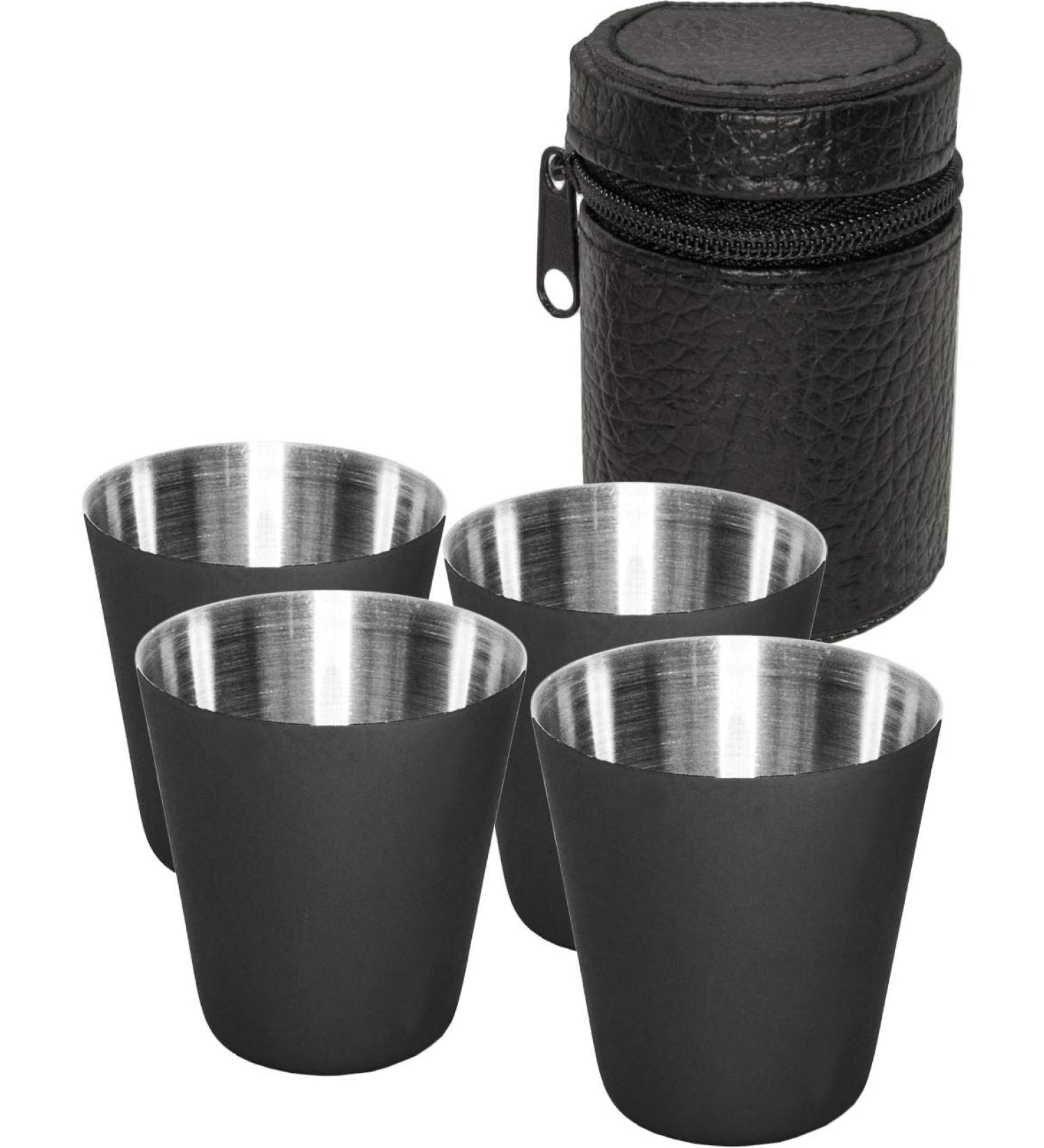 Outdoor SAXX 5-Part Stainless Steel Drinking Cup Set | Metal Schnapps Cups with Leather Bag | Ideal Flat Man Accessories in Black - Buy Online on GoSupps.com