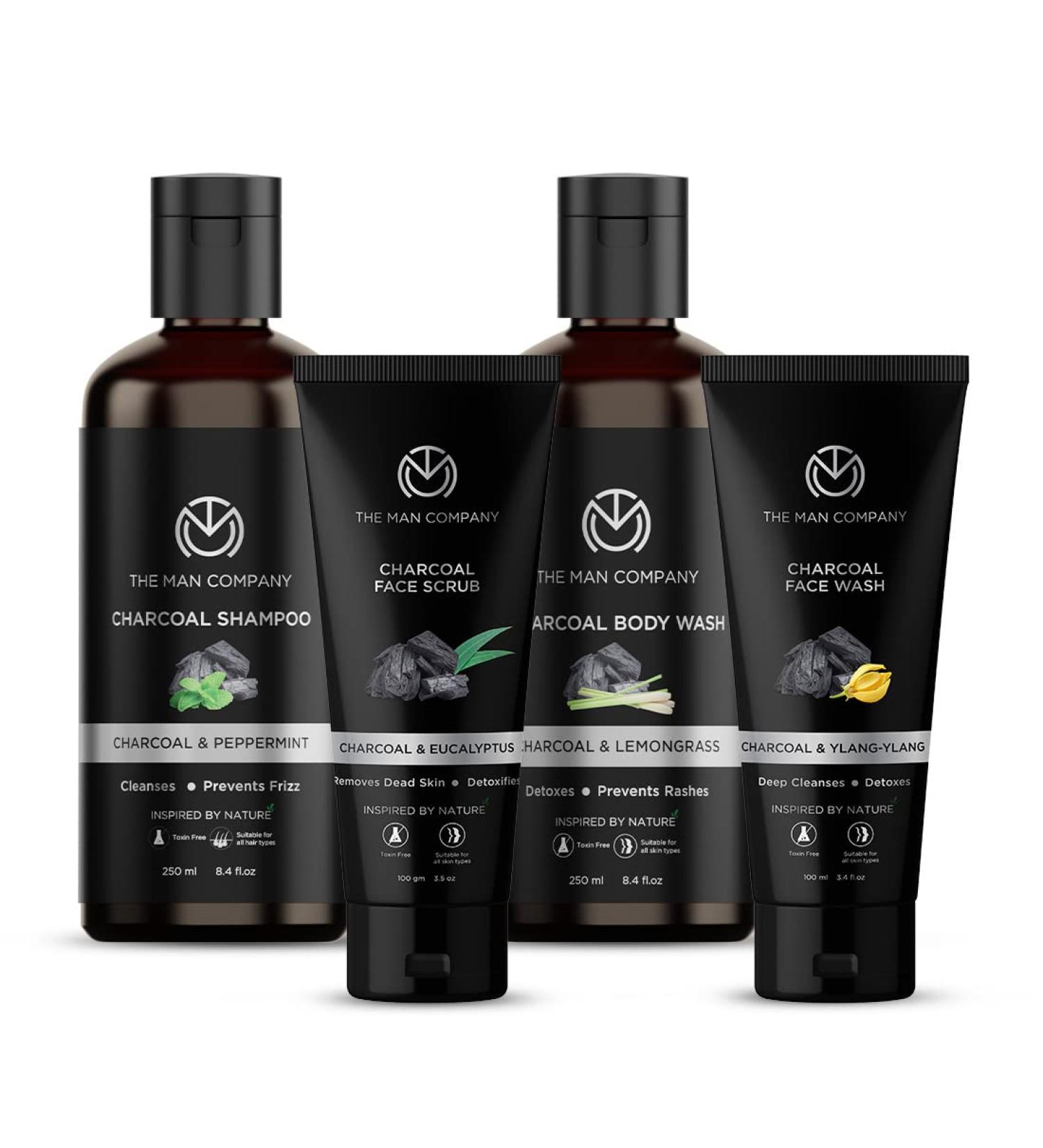 The Man Company Anti-Pollution Charcoal Set (Charcoal Shampoo + Charcoal Body Wash + Charcoal Scrub +Charcoal Face wash) Set of 4 | Made in India - Buy Online on GoSupps.com