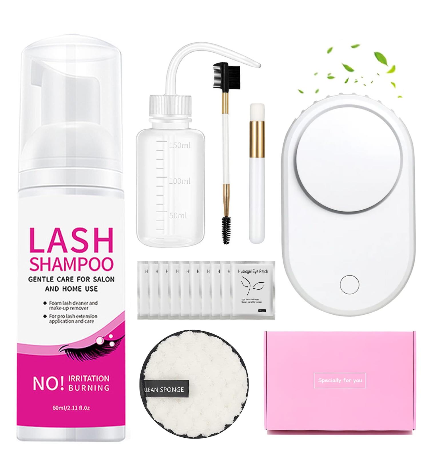 Eyelash Extension Cleanser Kit - 60ml Shampoo USB Fan Eye Gel Pads & Brushes | Perfect for Salon & Home Use - Buy Online on GoSupps.com