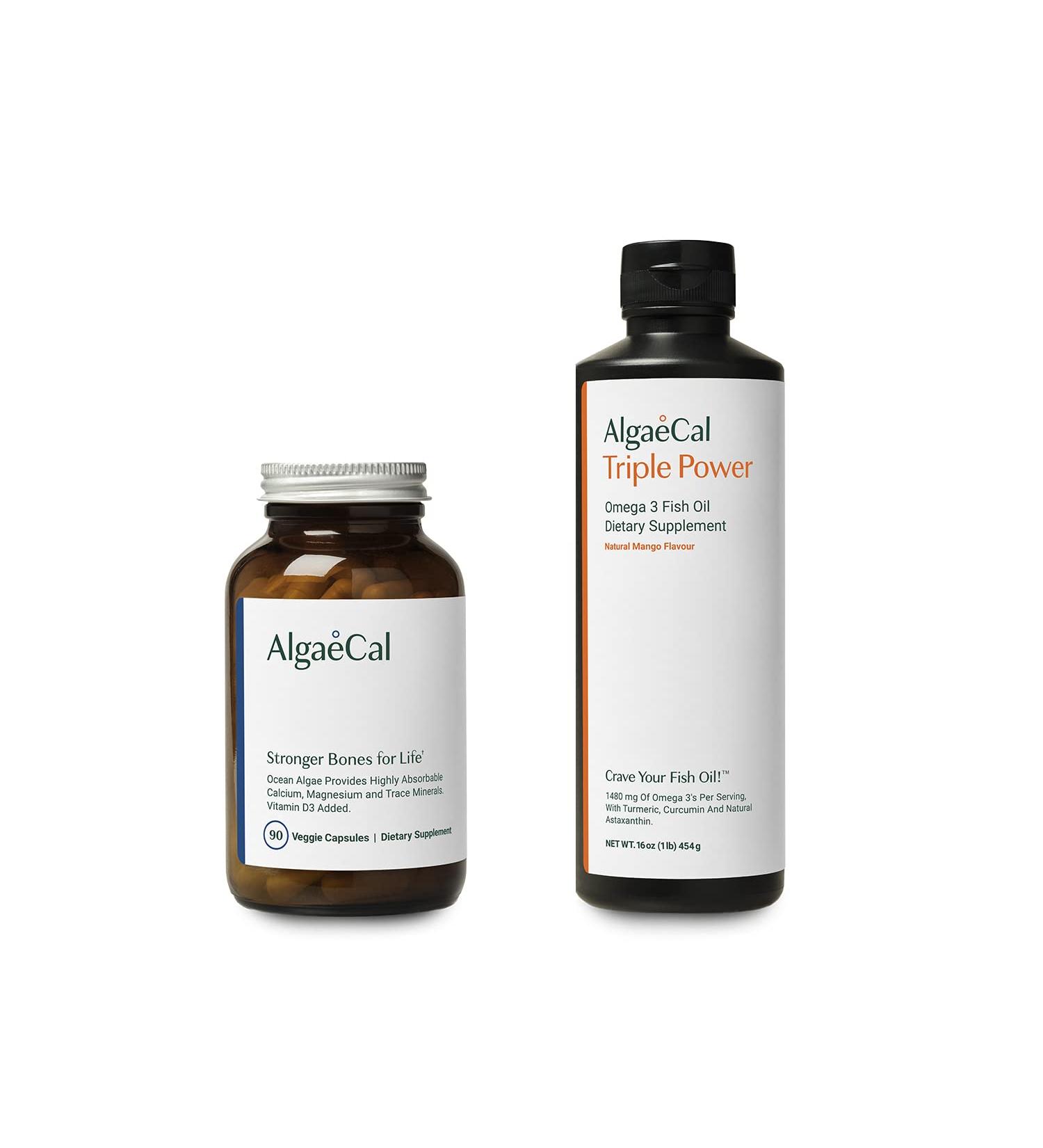 AlgaeCal Bundle - Plant Based Calcium Supplement with Vitamin D3 for Bone Health & Strength & Triple Power Omega-3 Fish Oil Natural Liquid Emulsion with EPA & DHA Curcumin Astaxanthin - Buy Online on GoSupps.com