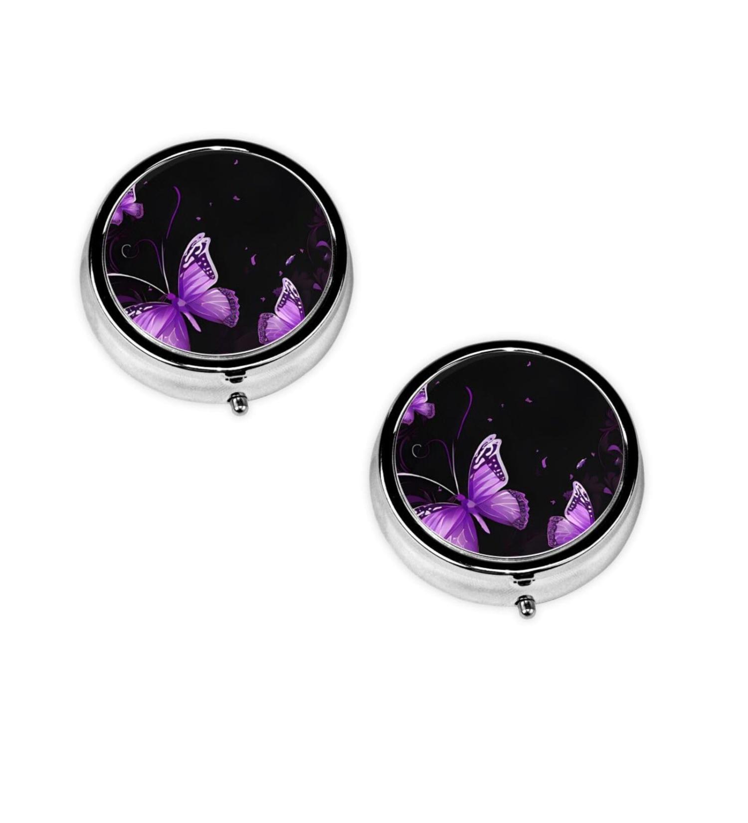 Butterfly Purple Mini Round Pill Box | 3 Compartment Travel Organizer | Portable Medicine Case for Home & Office - Buy Online on GoSupps.com