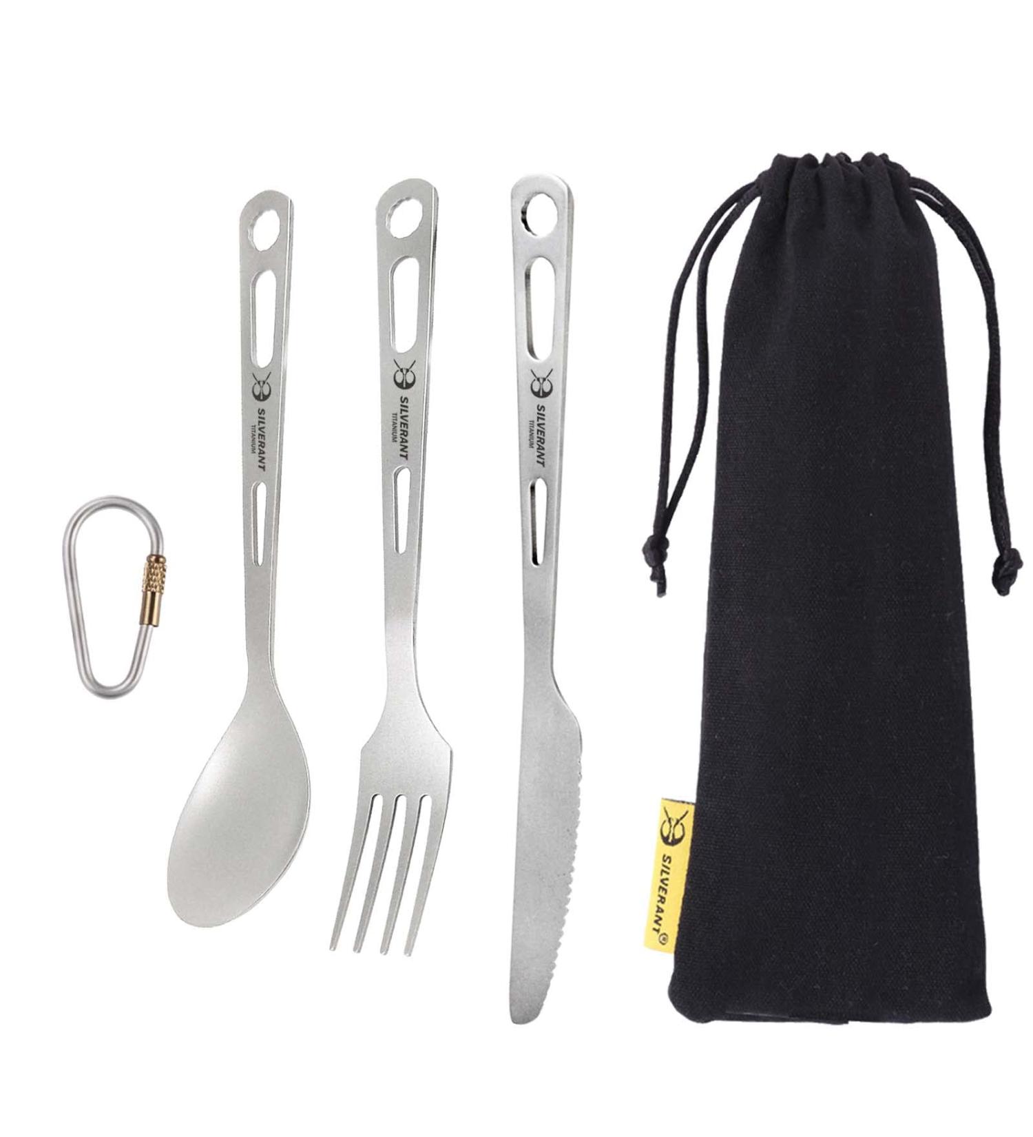 Silverant Titanium 3-Piece Cutlery Set for Outdoor Camping and Hiking with Drawstring Bag and Carabiner - Buy Online on GoSupps.com