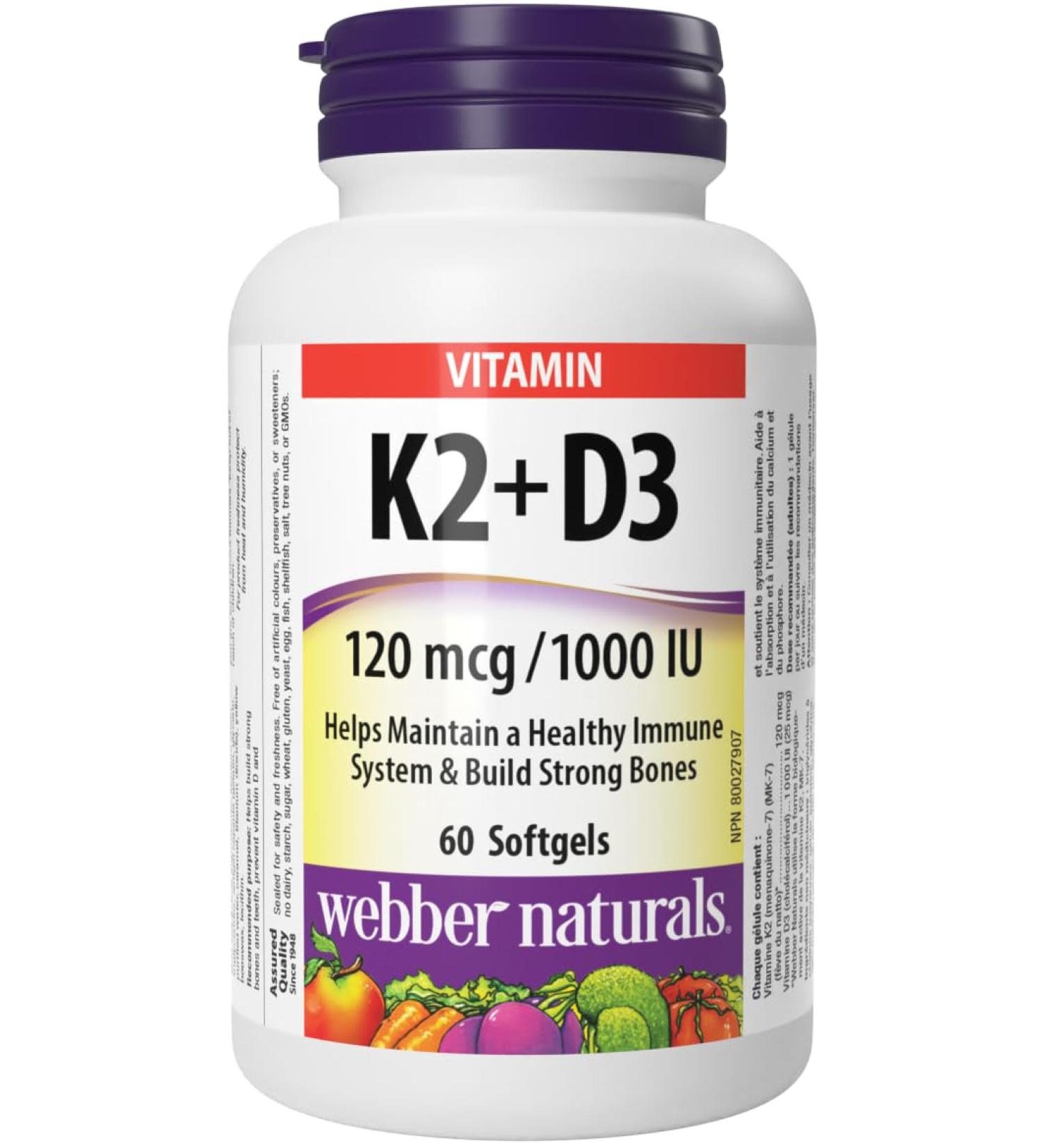 Webber Naturals Vitamin K2 with D3 60 Softgels Helps Support Bones Teeth and Immune Function Gluten & Dairy Free - Buy Online on GoSupps.com