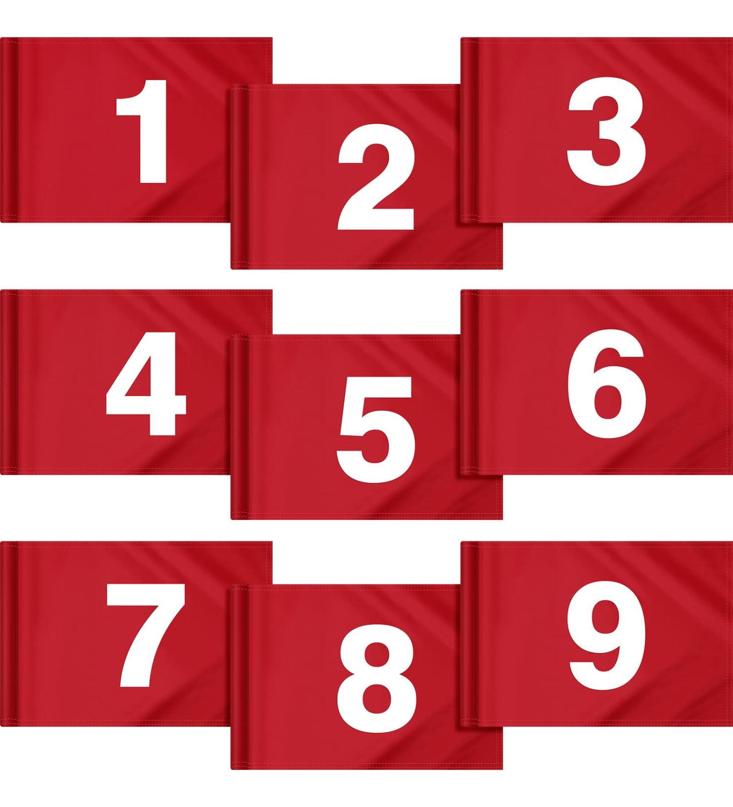 9-Piece Large Numbered Golf Flags Set - 20'' x 14'' Oversize Putting Green Flags - White Numbers 1-9 - 420D Nylon - Yard, Indoor, Outdoor, Backyard, Garden - Buy Online on GoSupps.com