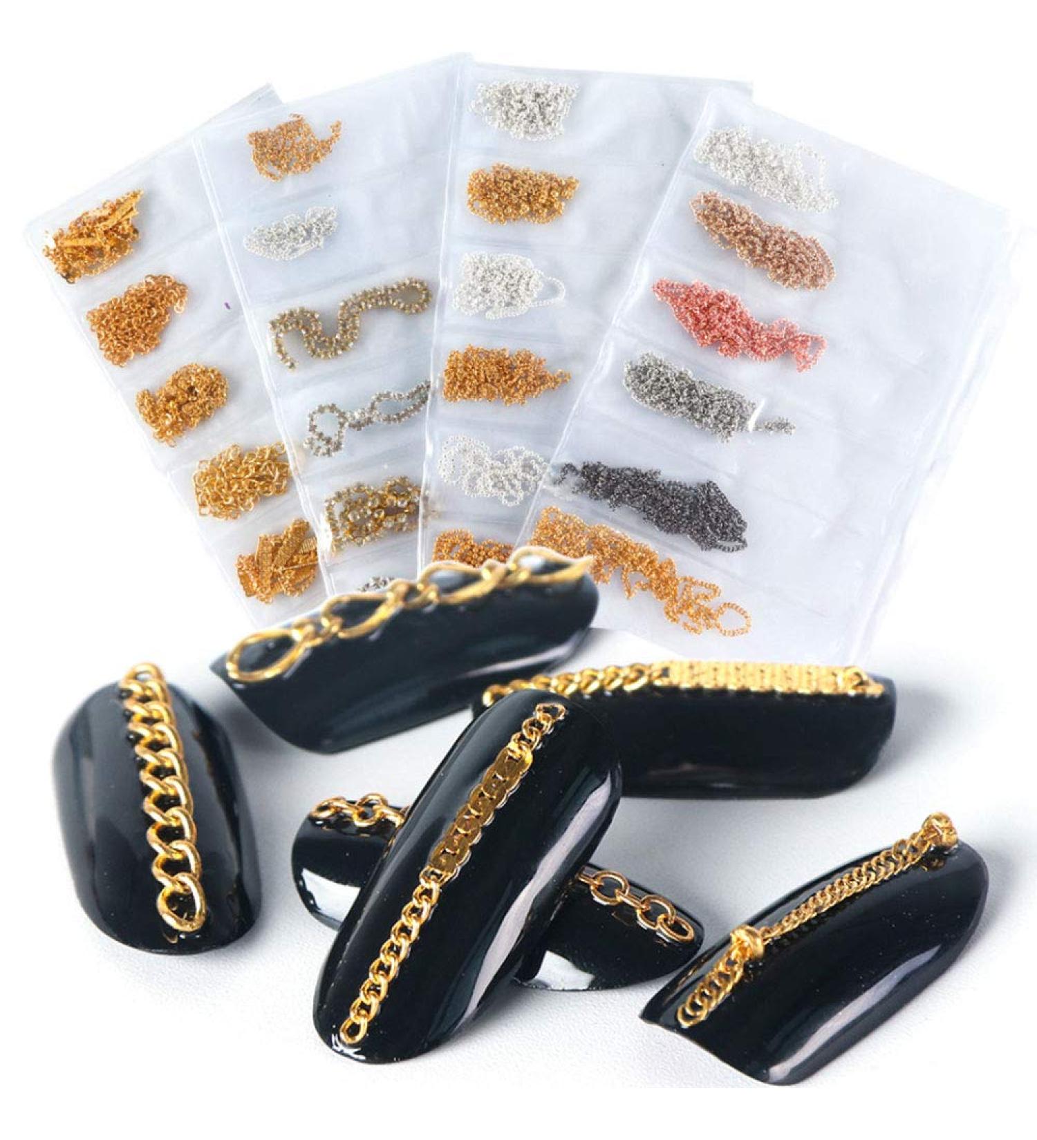 Nail Chains Set - 4 Packs of 24 Gold & Silver Metal Punk Pendant Ornaments for Nail Art DIY - Women's Nail Supplies - Buy Online on GoSupps.com