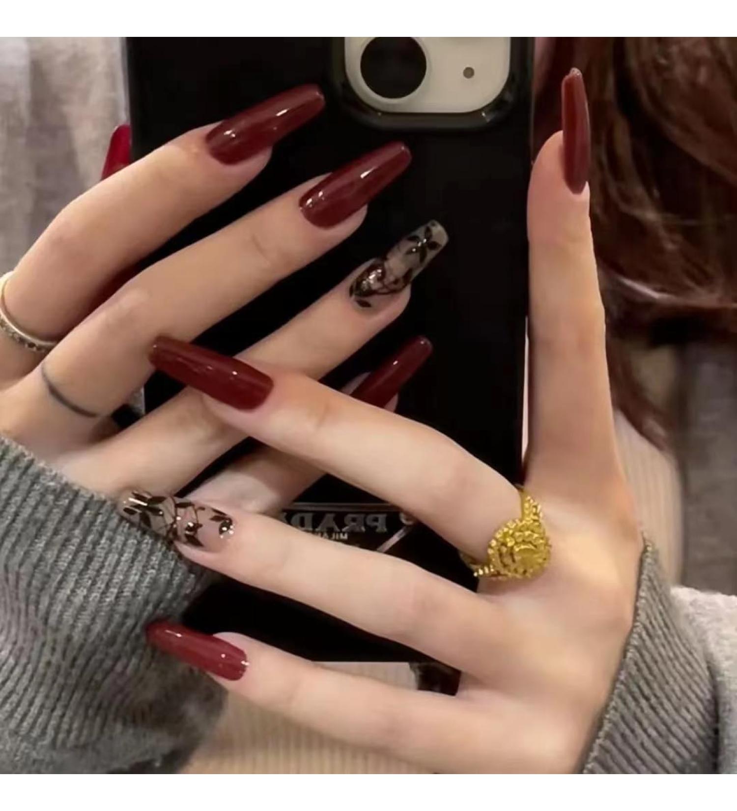 24Pcs/Set Press On Nails Retro Hand Drawn Bride Style Patch Long False Nails Acrylic Fake Nails Full Cover Nails Tips Artificial Finger Manicure Press on nails for Women and Girls - Buy Online on GoSupps.com