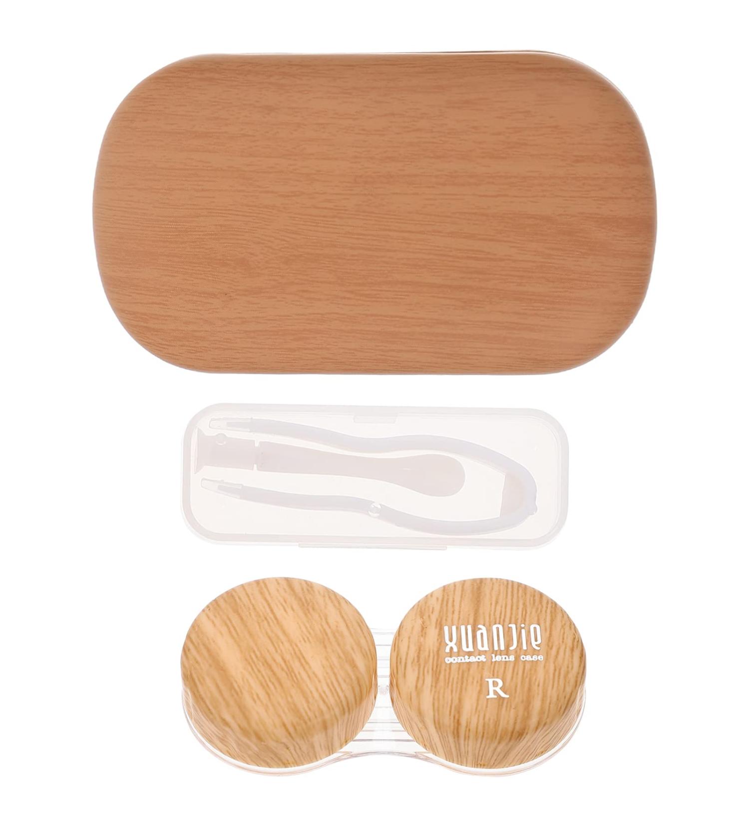 Heallily Portable Wooden Grain Contact Lens Case with Remover Tool & Mirror - Perfect for Teens & Women - Travel-Friendly Design in 2 Colors - Buy Online on GoSupps.com
